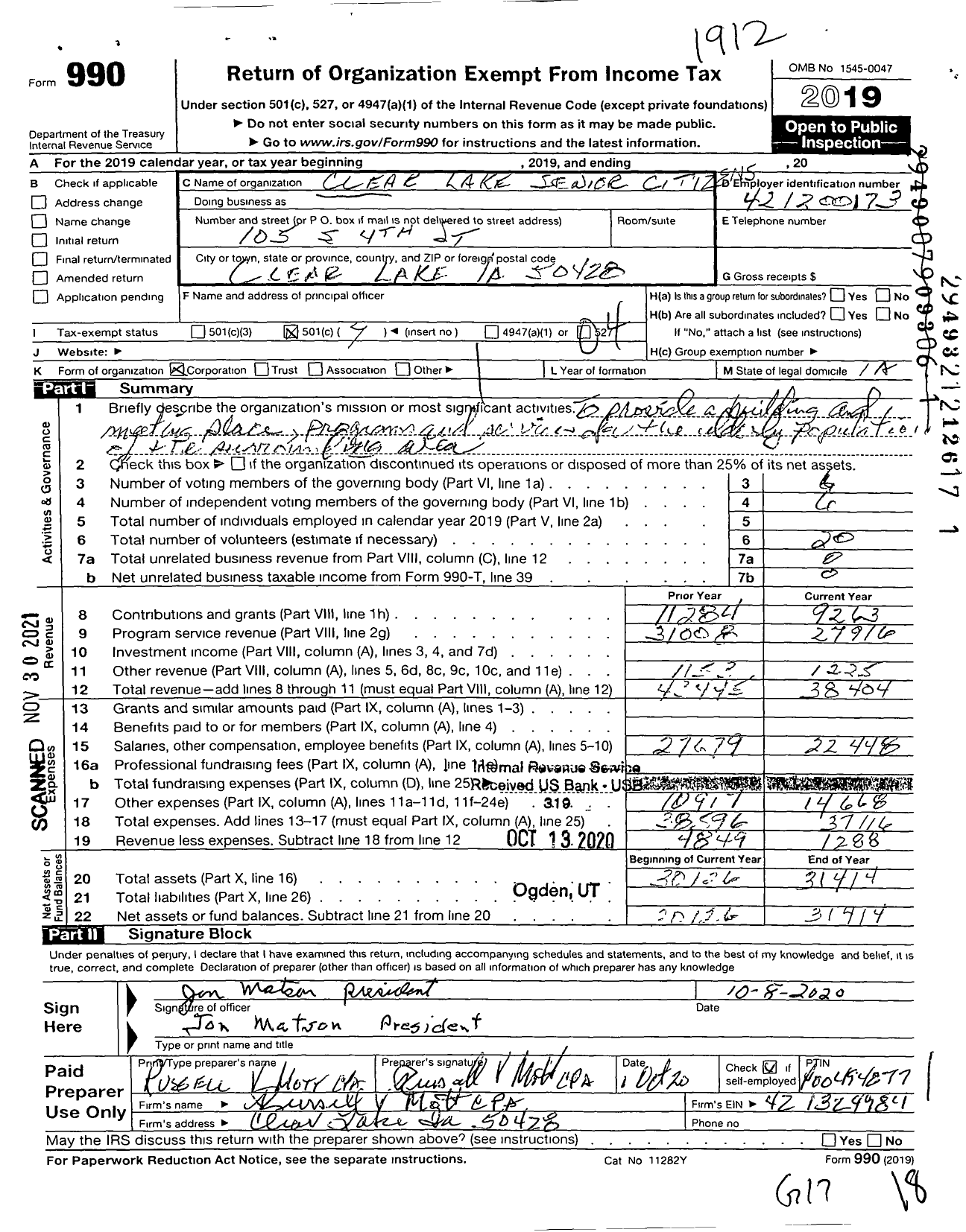 Image of first page of 2019 Form 990O for Clear Lake Senior Citizens Club