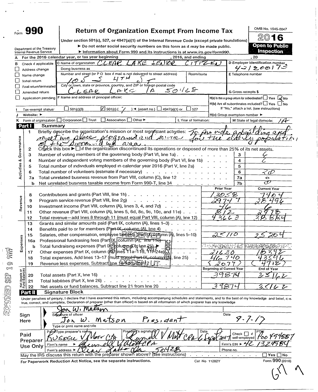 Image of first page of 2016 Form 990O for Clear Lake Senior Citizens Club