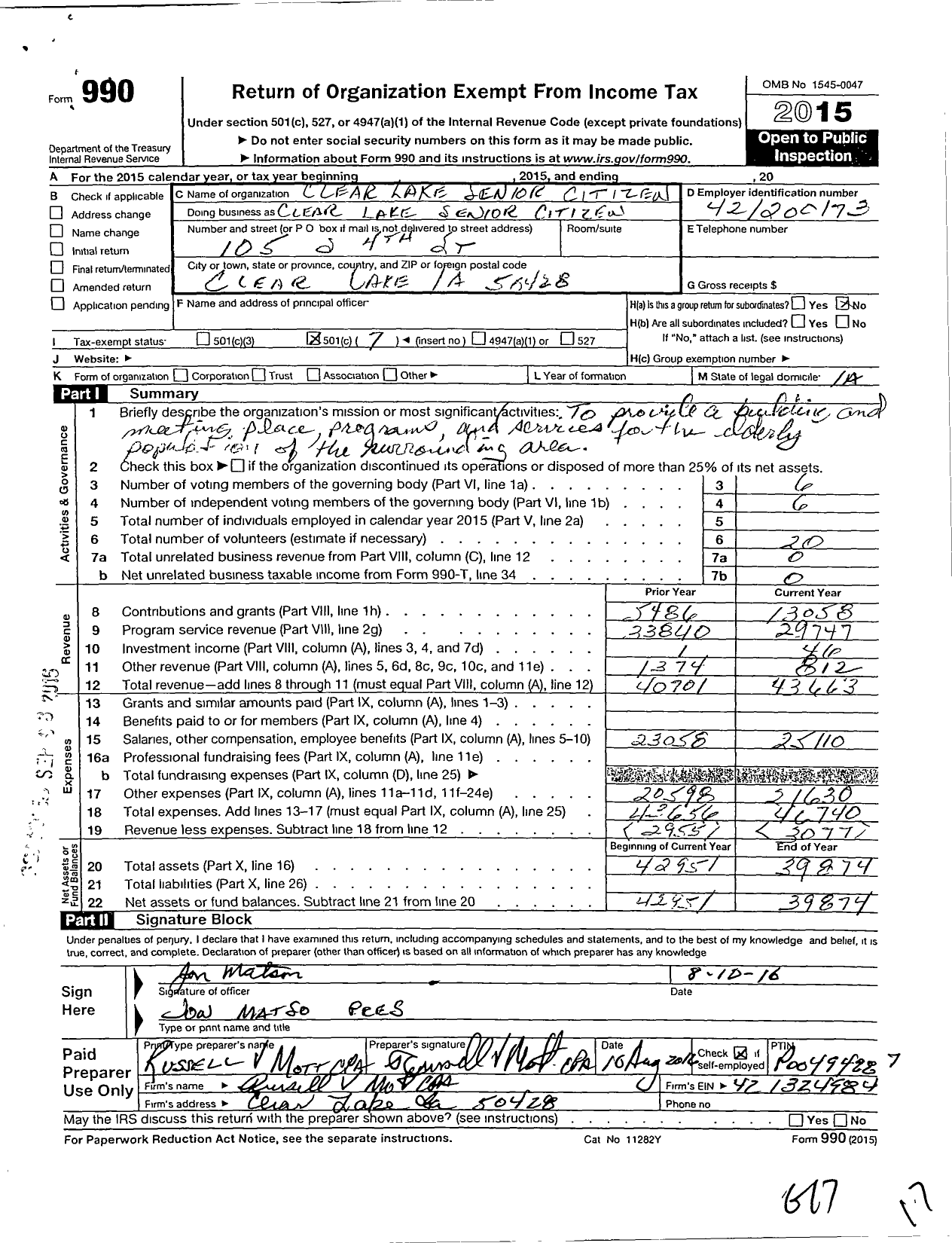 Image of first page of 2015 Form 990O for Clear Lake Senior Citizens Club