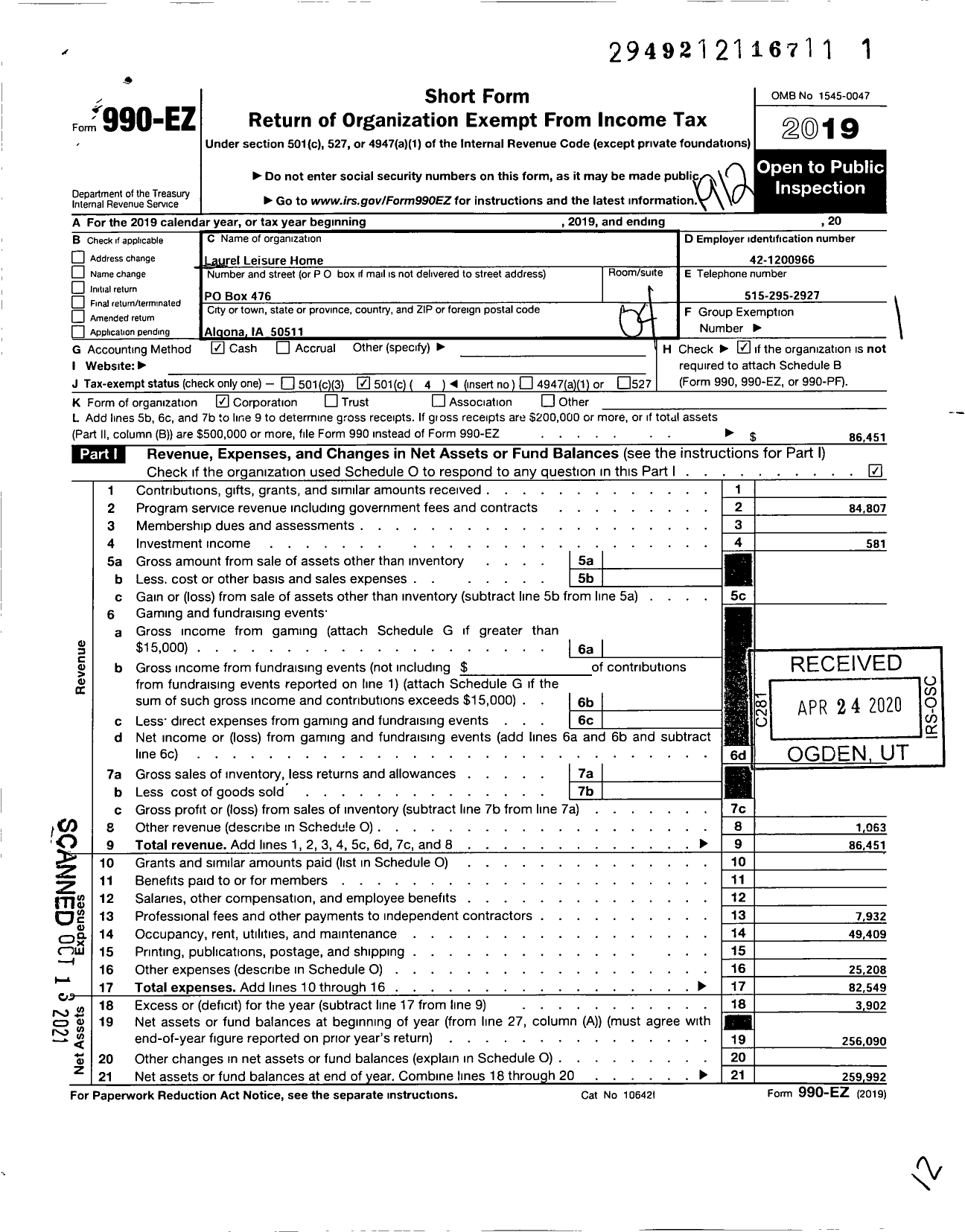 Image of first page of 2019 Form 990EO for Laurel Leisure Home