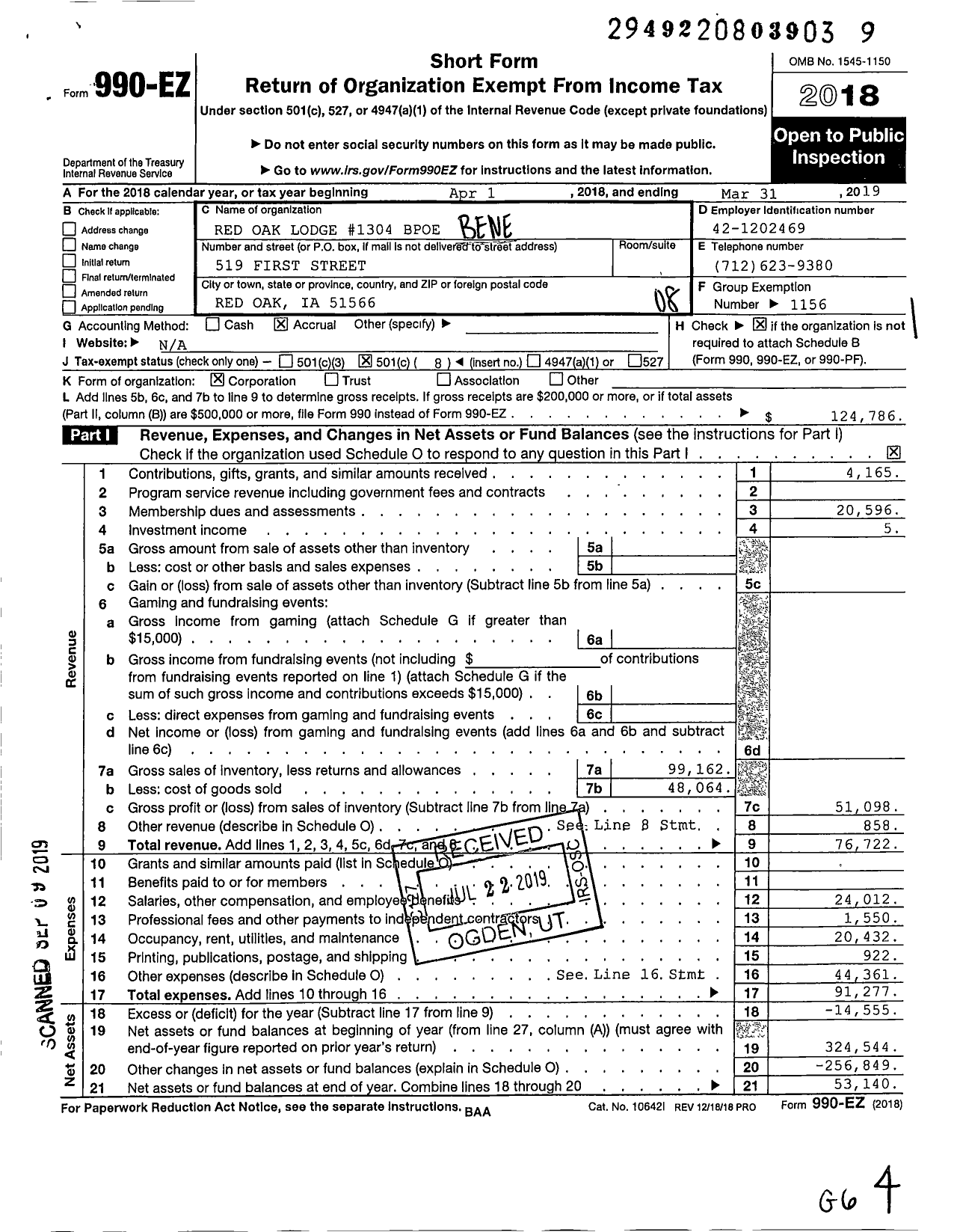 Image of first page of 2018 Form 990EO for Benevolent and Protective Order of Elks - 1304 Red Oak