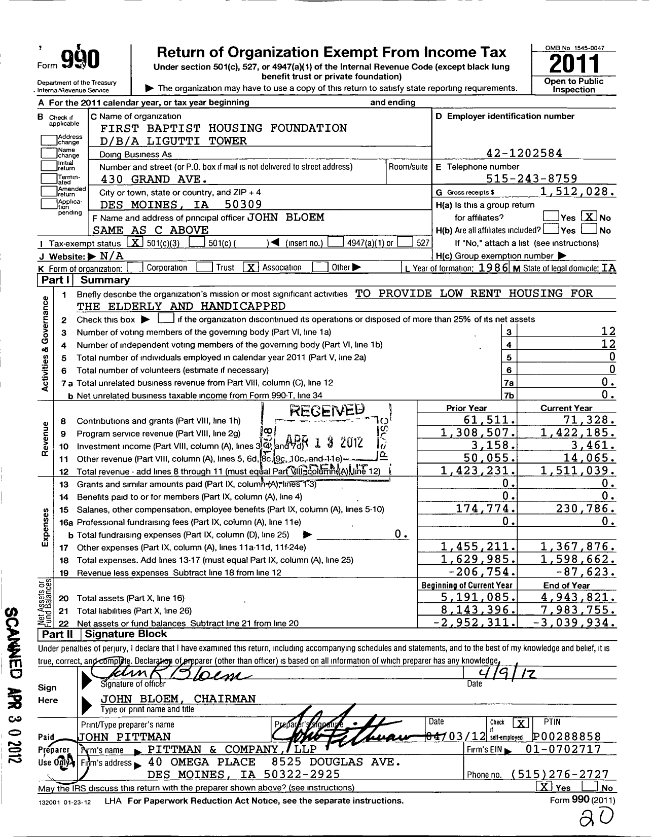 Image of first page of 2011 Form 990 for First Baptist Housing Foundation