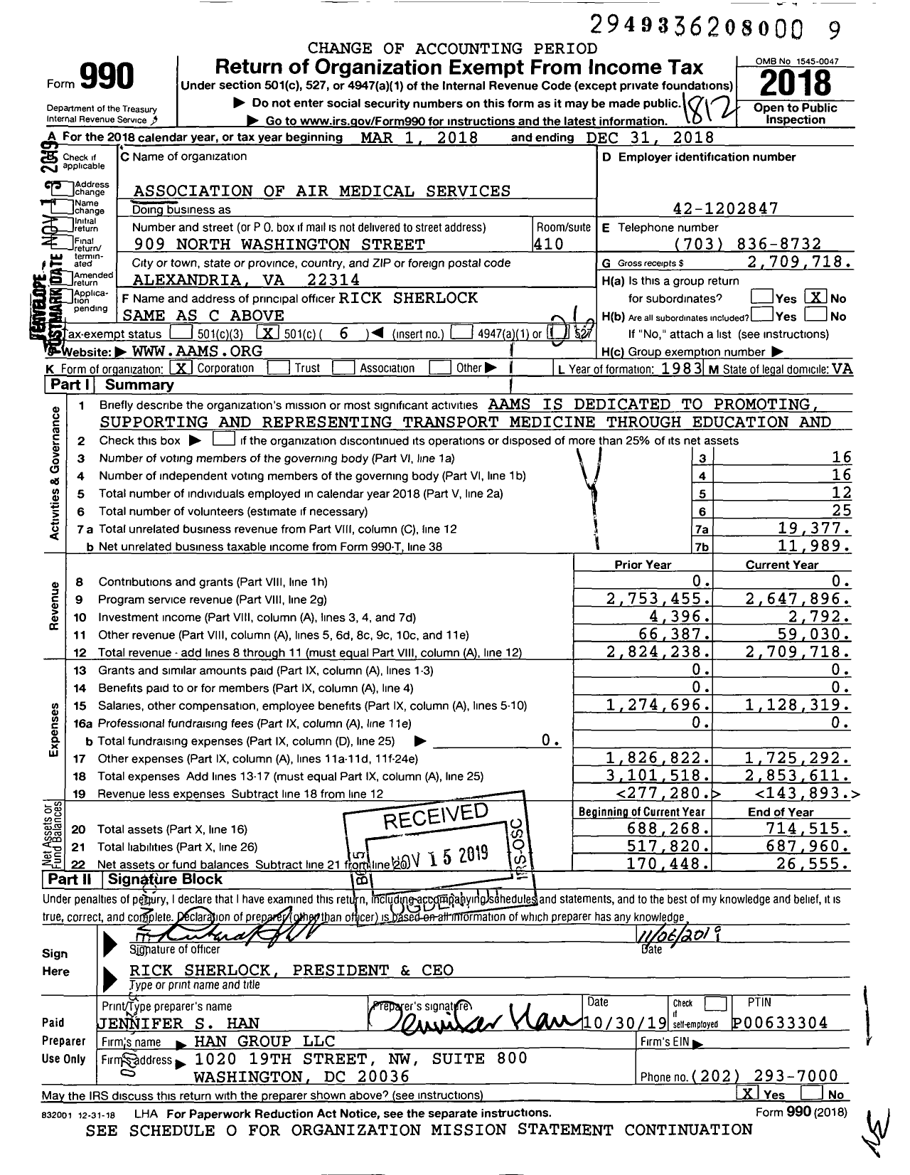Image of first page of 2018 Form 990O for Association of Air Medical Services (AAMS)
