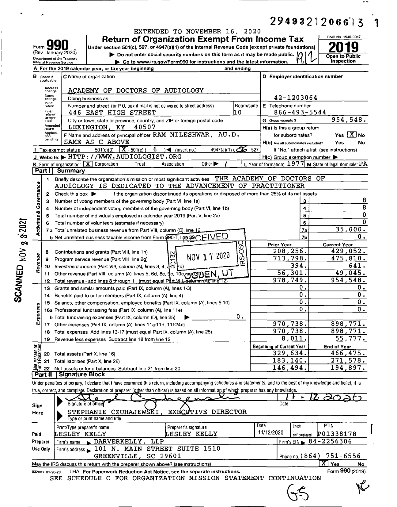 Image of first page of 2019 Form 990O for Academy of Doctors of Audiology (ADA)