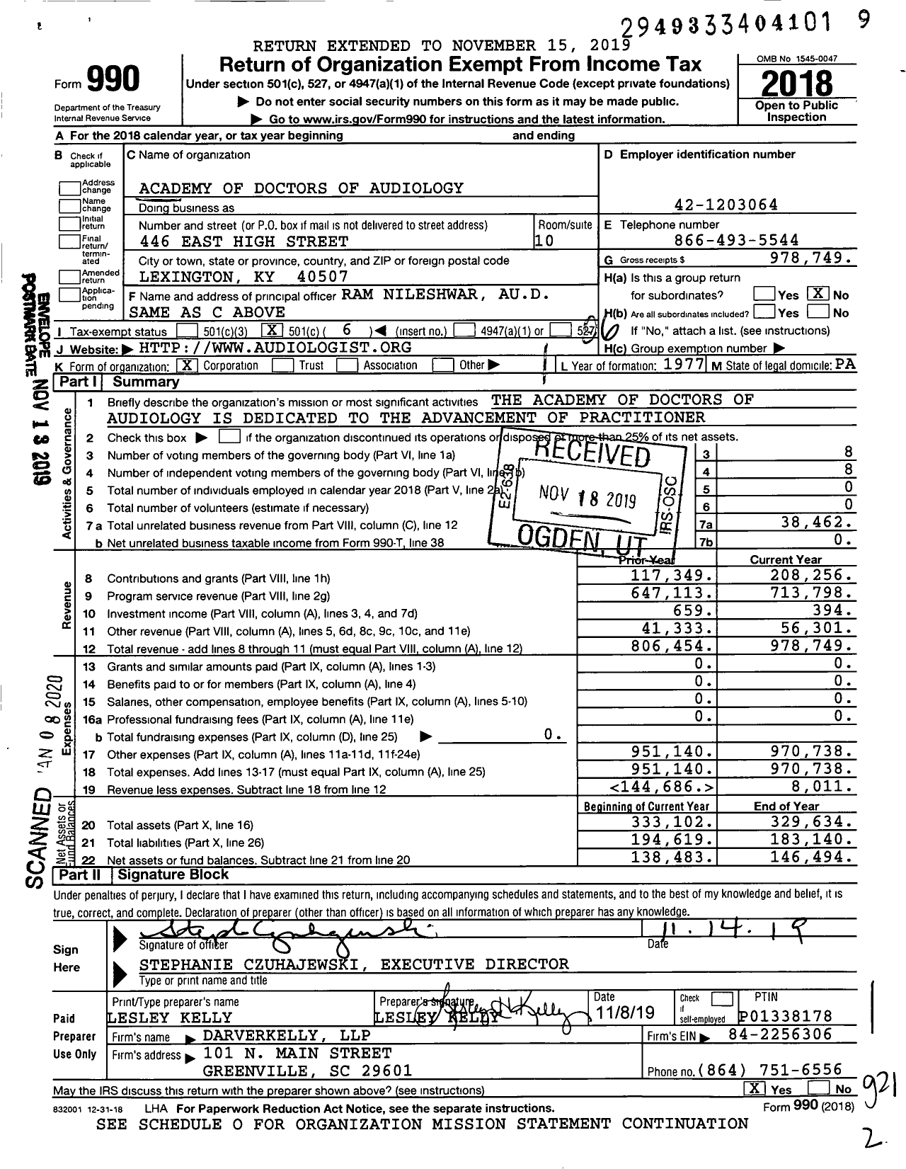 Image of first page of 2018 Form 990O for Academy of Doctors of Audiology (ADA)