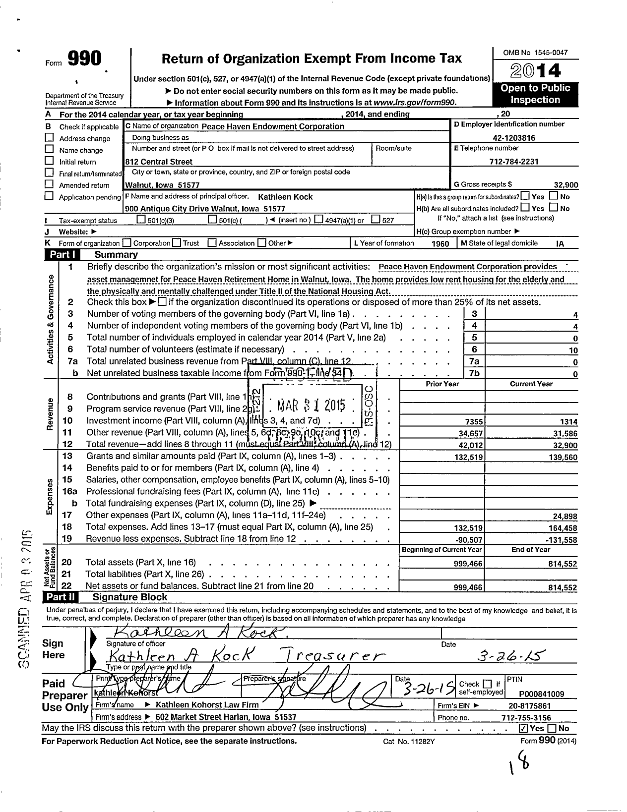 Image of first page of 2014 Form 990O for Peace Haven Endowment Corporation