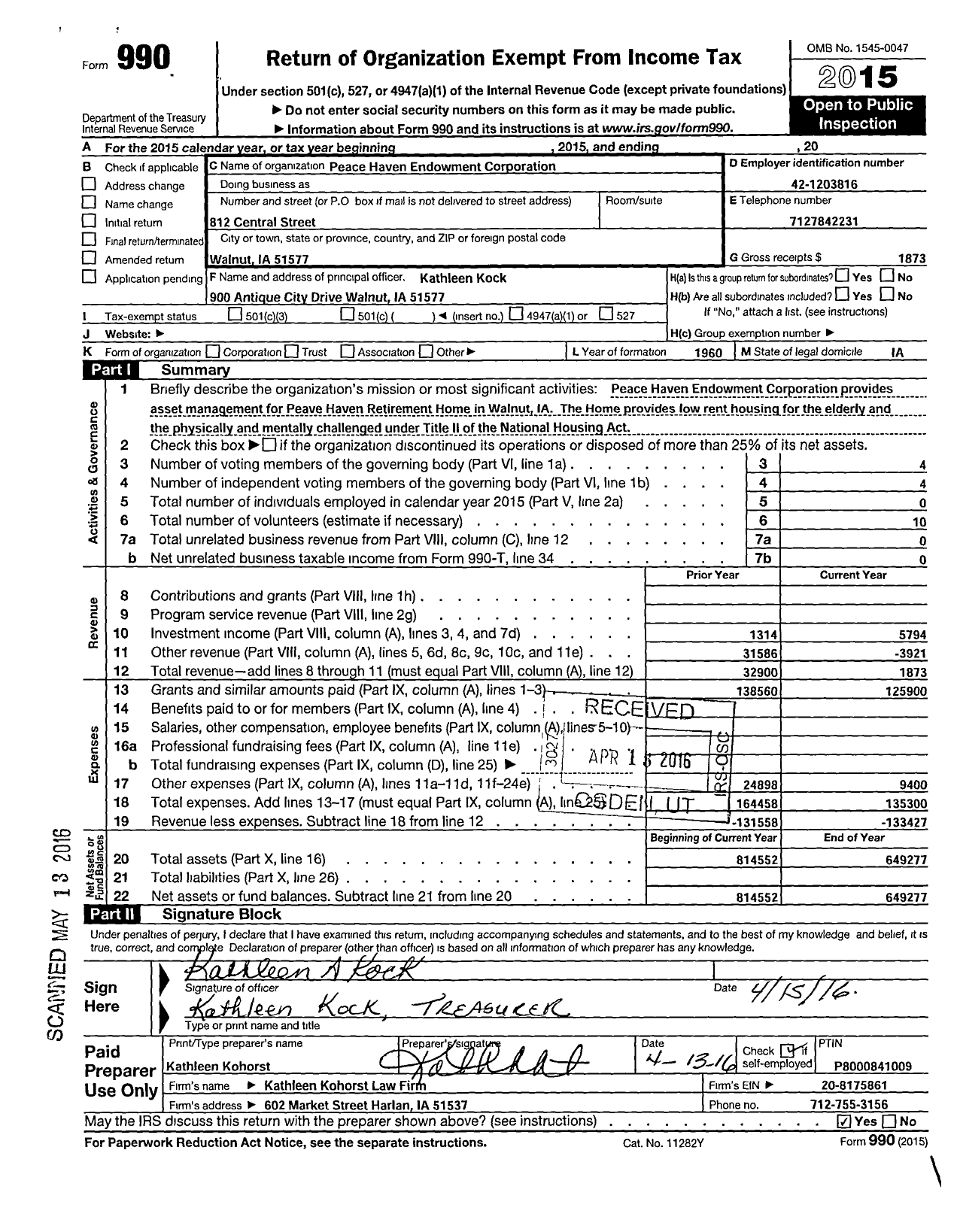 Image of first page of 2015 Form 990O for Peace Haven Endowment Corporation