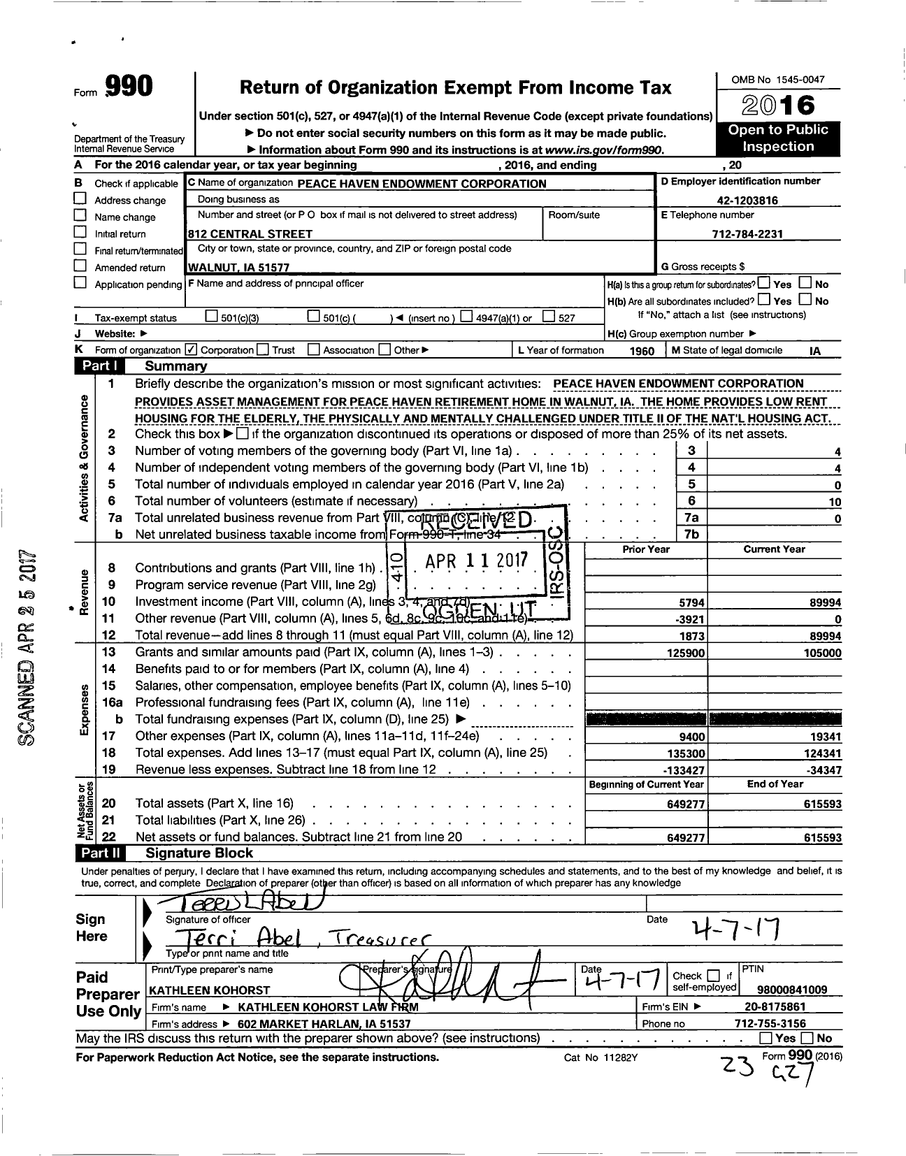 Image of first page of 2016 Form 990O for Peace Haven Endowment Corporation