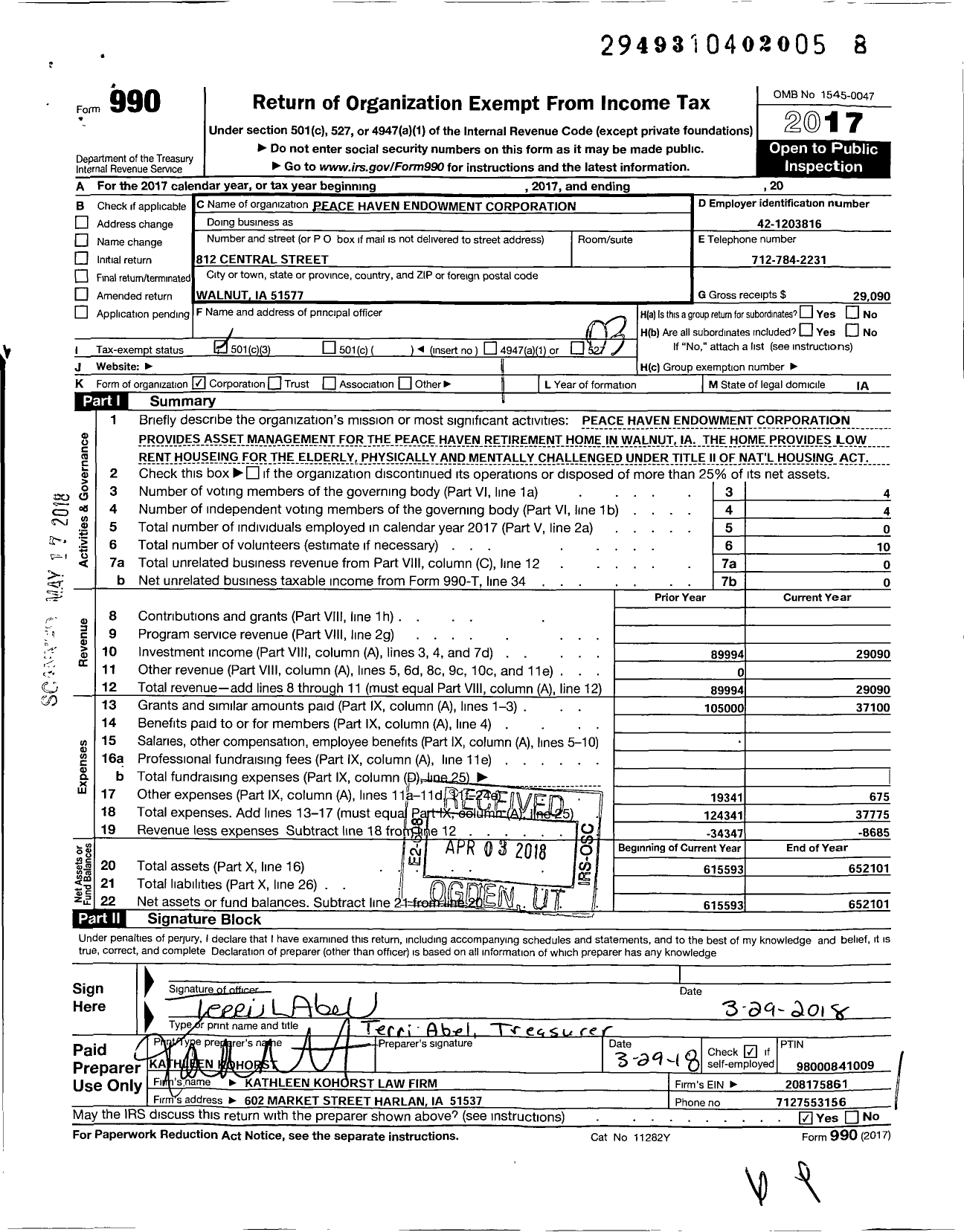 Image of first page of 2017 Form 990 for Peace Haven Endowment Corporation