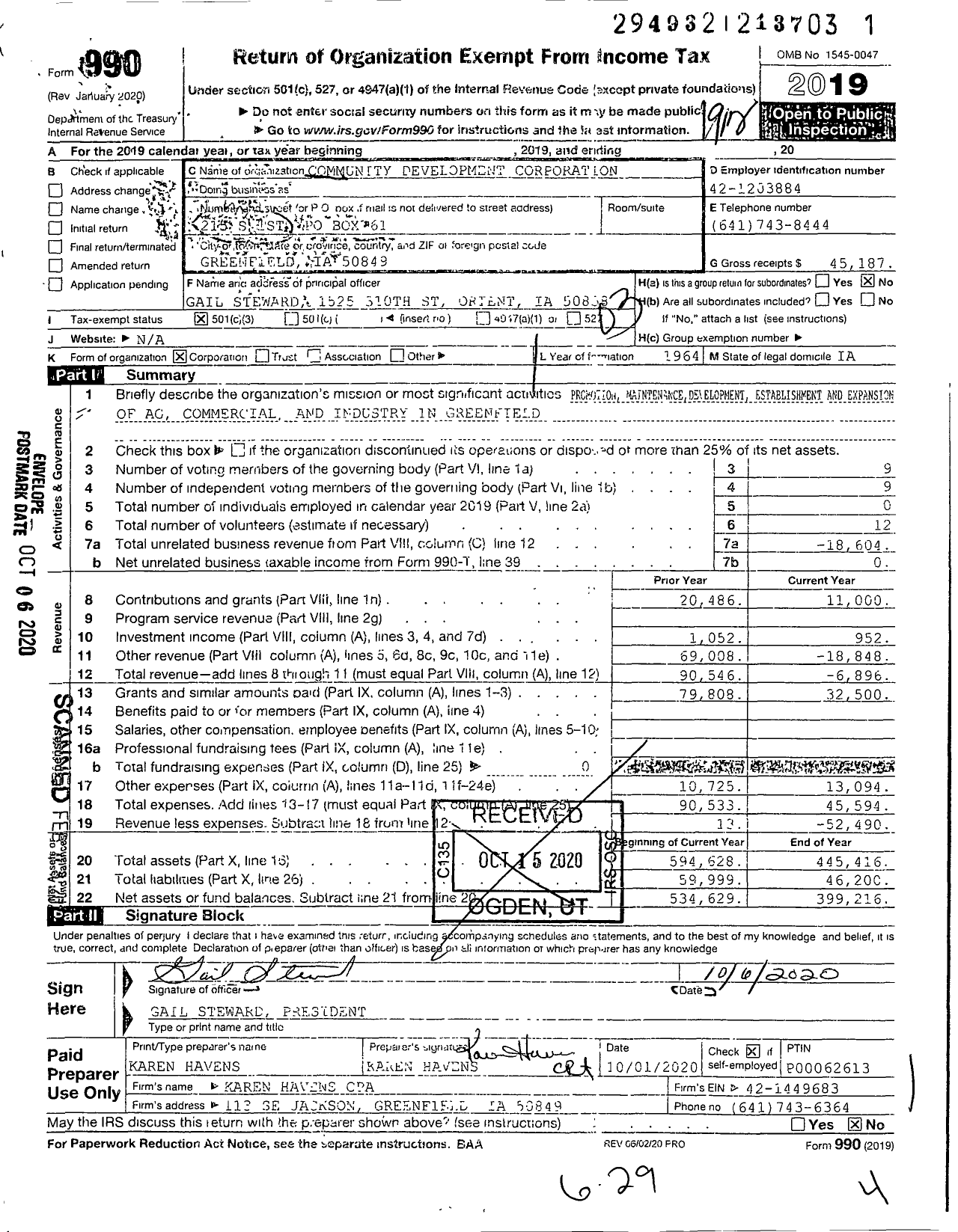 Image of first page of 2019 Form 990 for Community Development Corporation