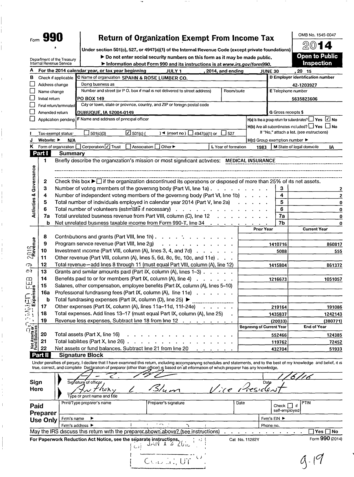 Image of first page of 2014 Form 990O for Spahn and Rose Lumber Employee Benefit Trust