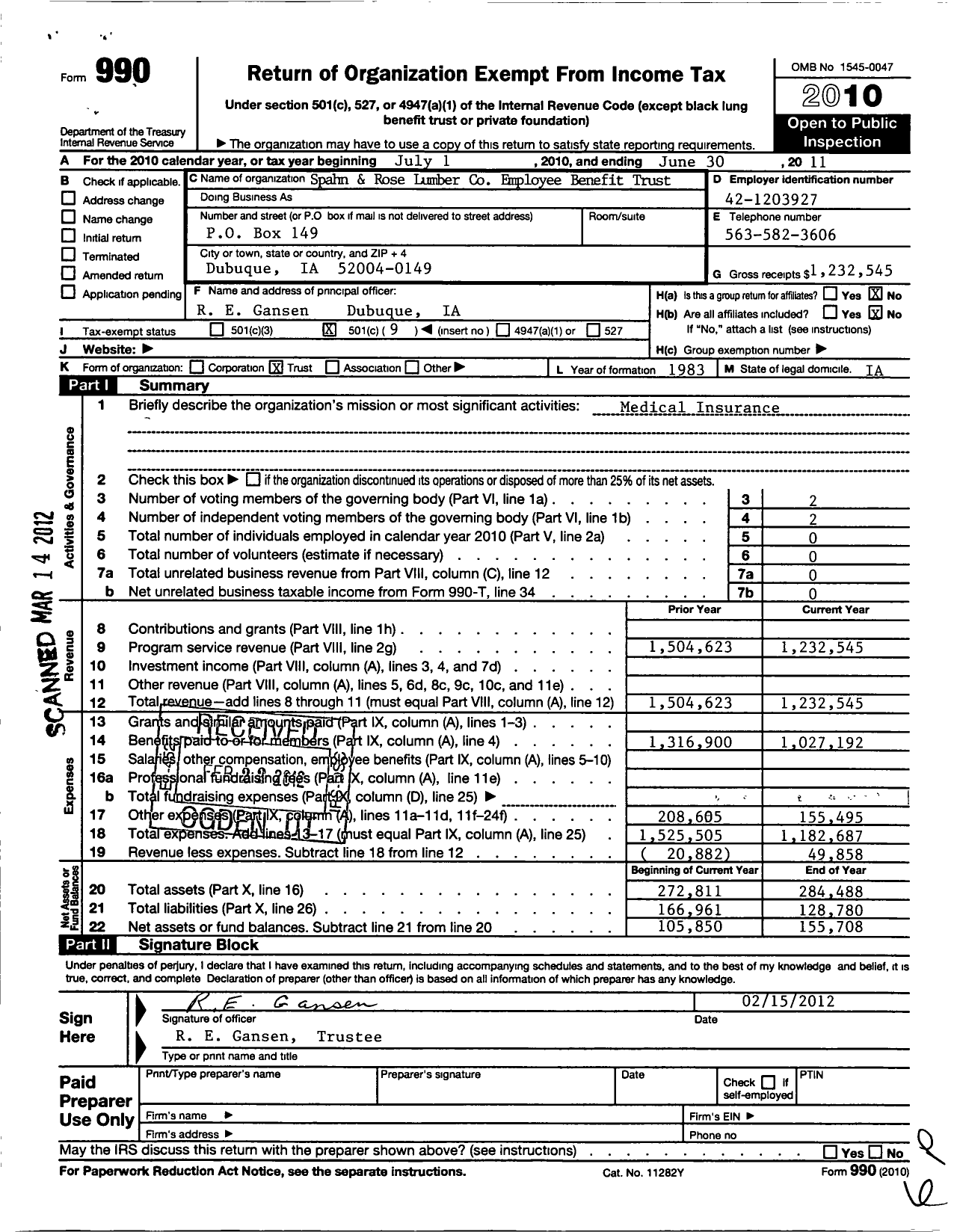 Image of first page of 2010 Form 990O for Spahn and Rose Lumber Employee Benefit Trust