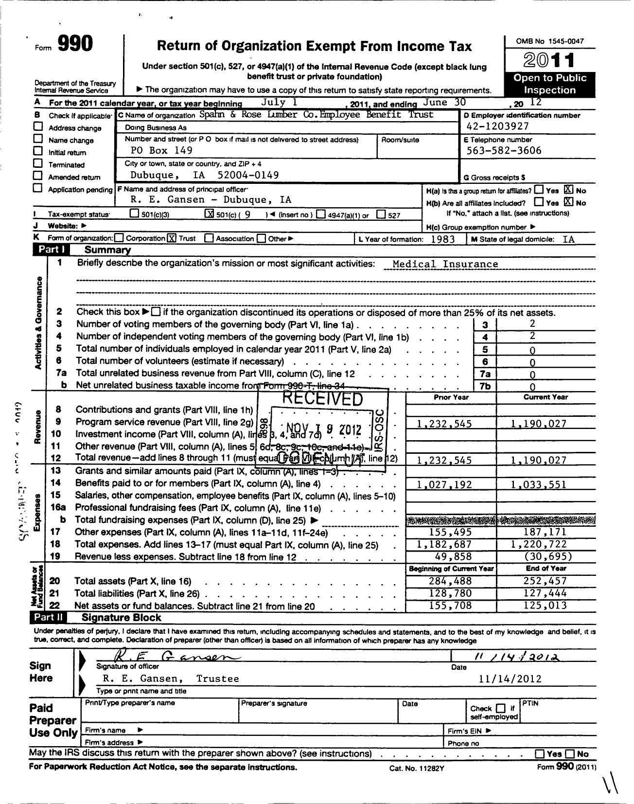 Image of first page of 2011 Form 990O for Spahn and Rose Lumber Employee Benefit Trust