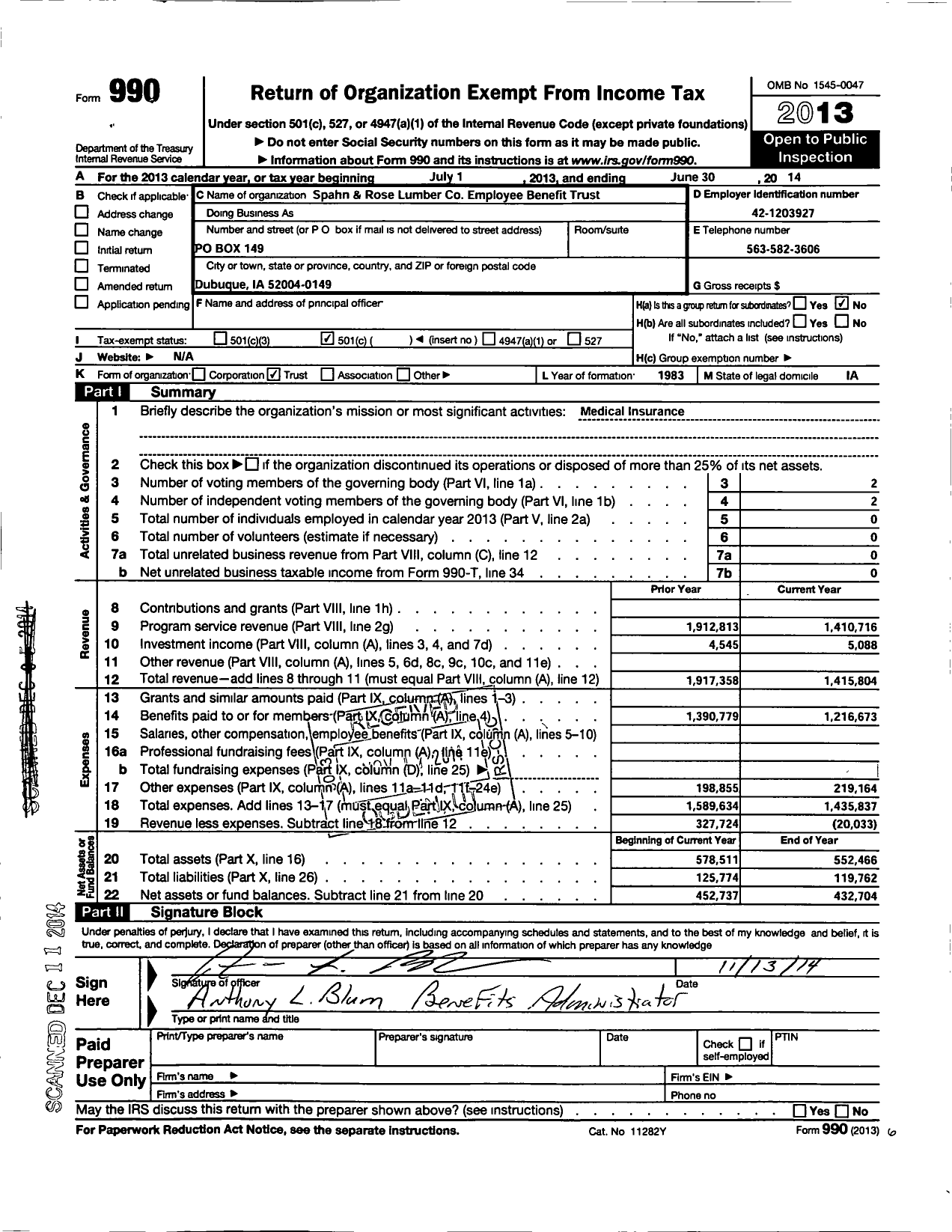 Image of first page of 2013 Form 990O for Spahn and Rose Lumber Employee Benefit Trust
