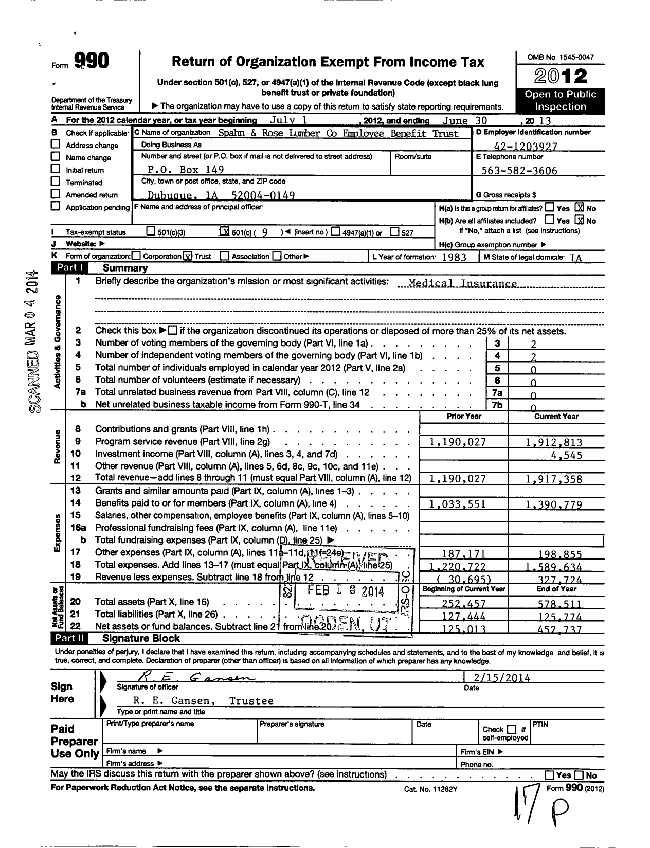 Image of first page of 2012 Form 990O for Spahn and Rose Lumber Employee Benefit Trust