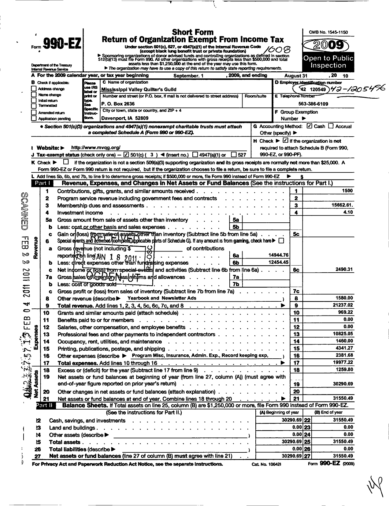 Image of first page of 2009 Form 990EZ for Mississippi Valley Quilters Guild