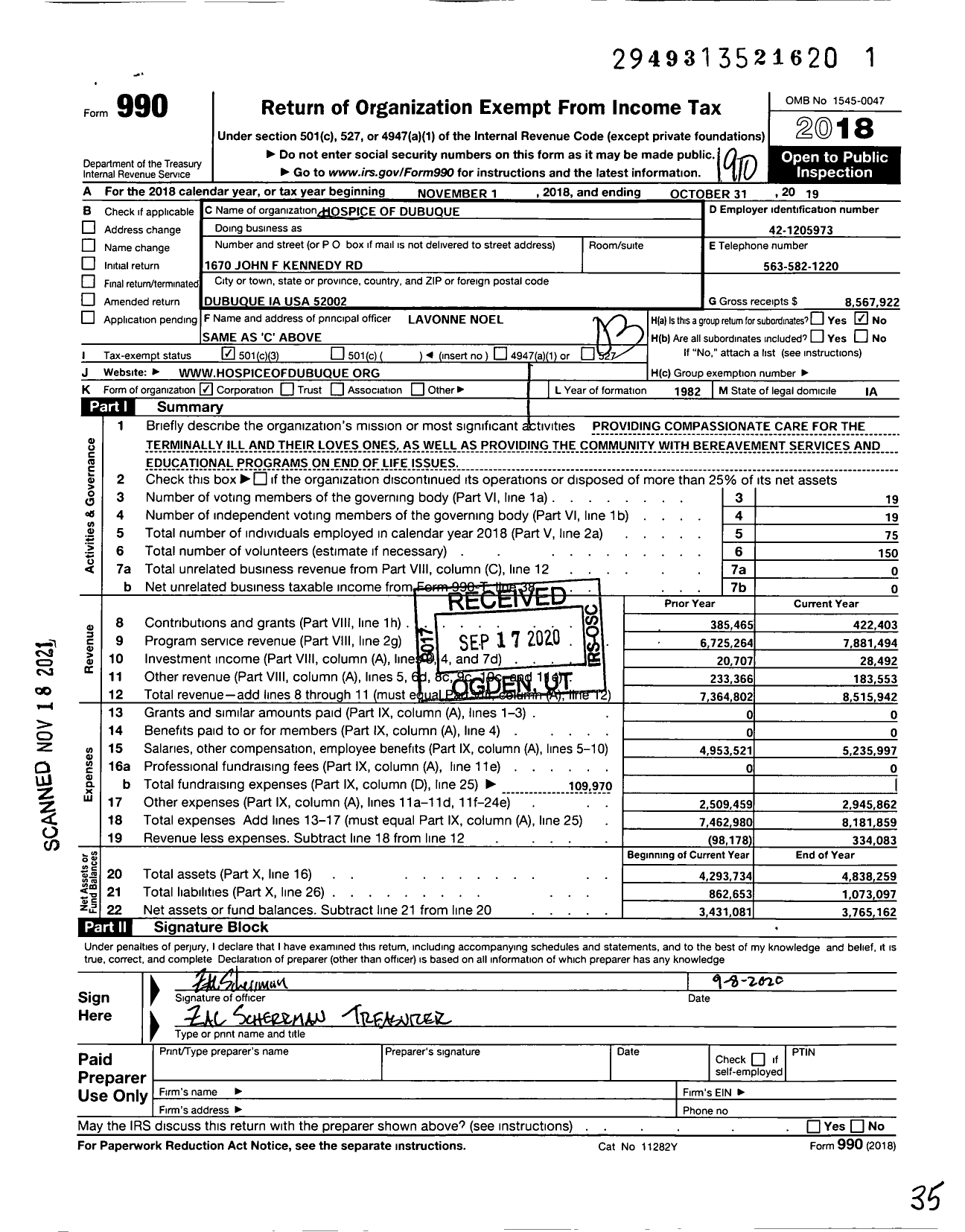 Image of first page of 2018 Form 990 for Hospice of Dubuque