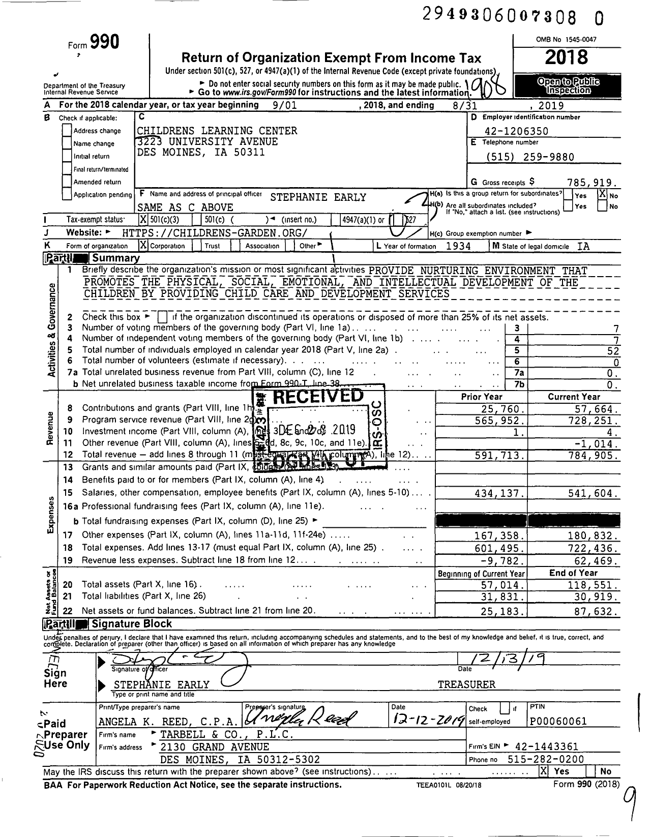 Image of first page of 2018 Form 990 for Childrens Learning Center / Childrens Garden