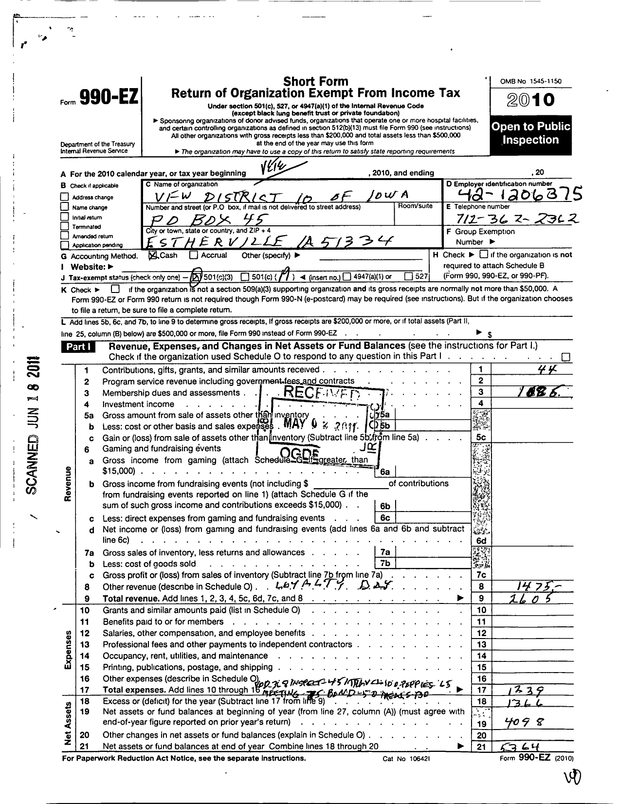 Image of first page of 2010 Form 990EO for Veterans of Foreign Wars of the United States Dept of Iowa / VFW 10th District