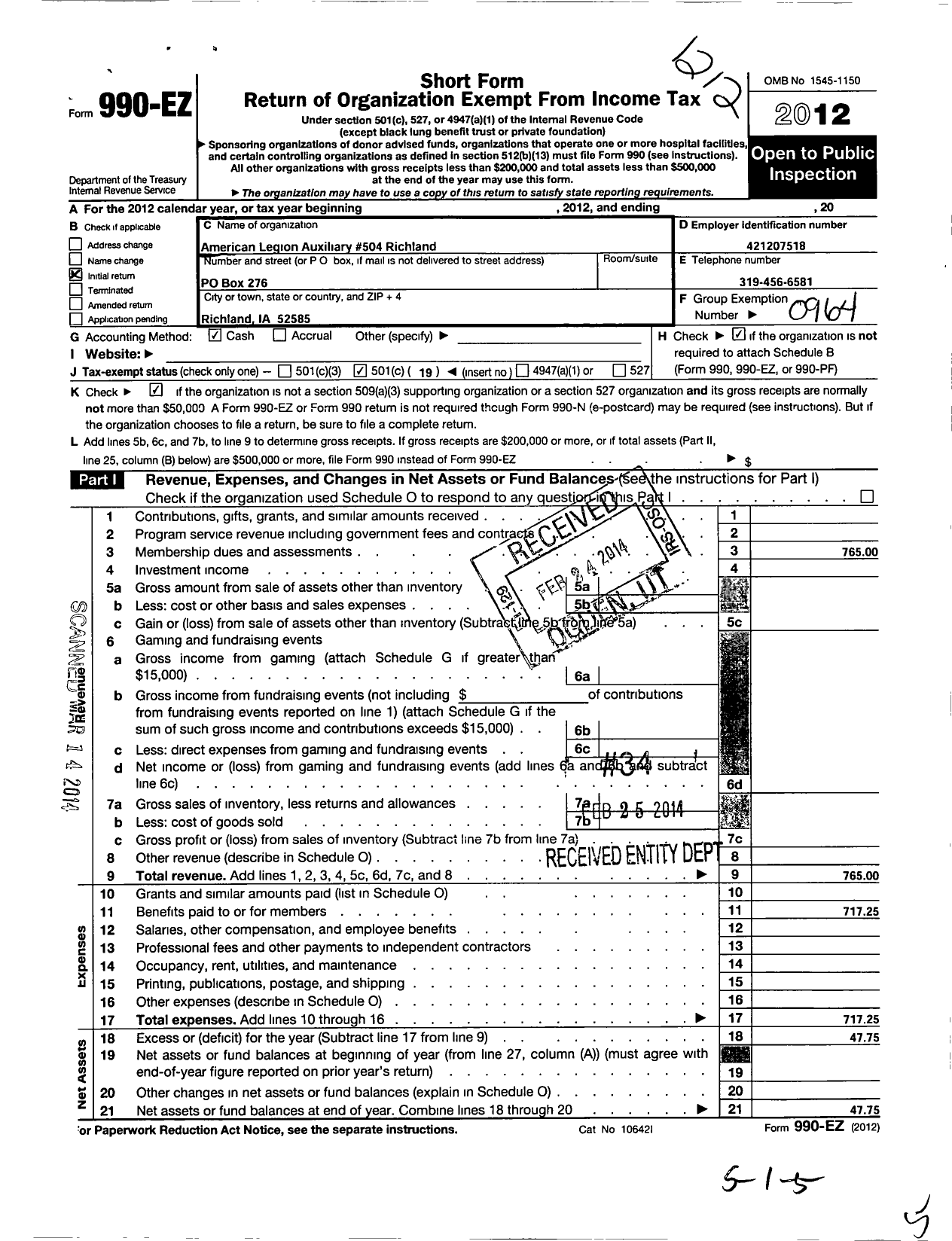 Image of first page of 2012 Form 990EO for American Legion Auxiliary - 504 Richland