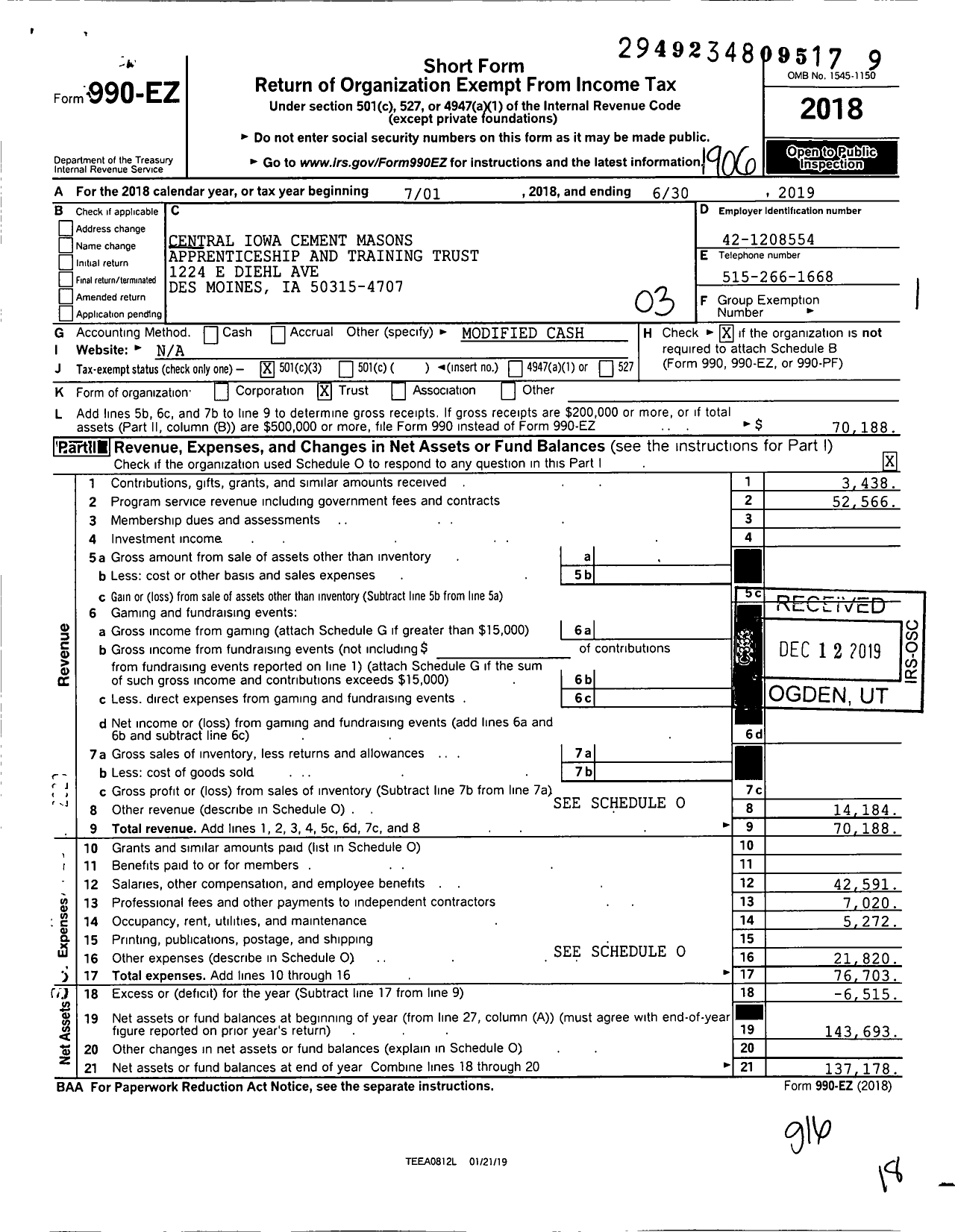 Image of first page of 2018 Form 990EZ for Central Iowa Cement Masons Apprenticeship and Training Trust