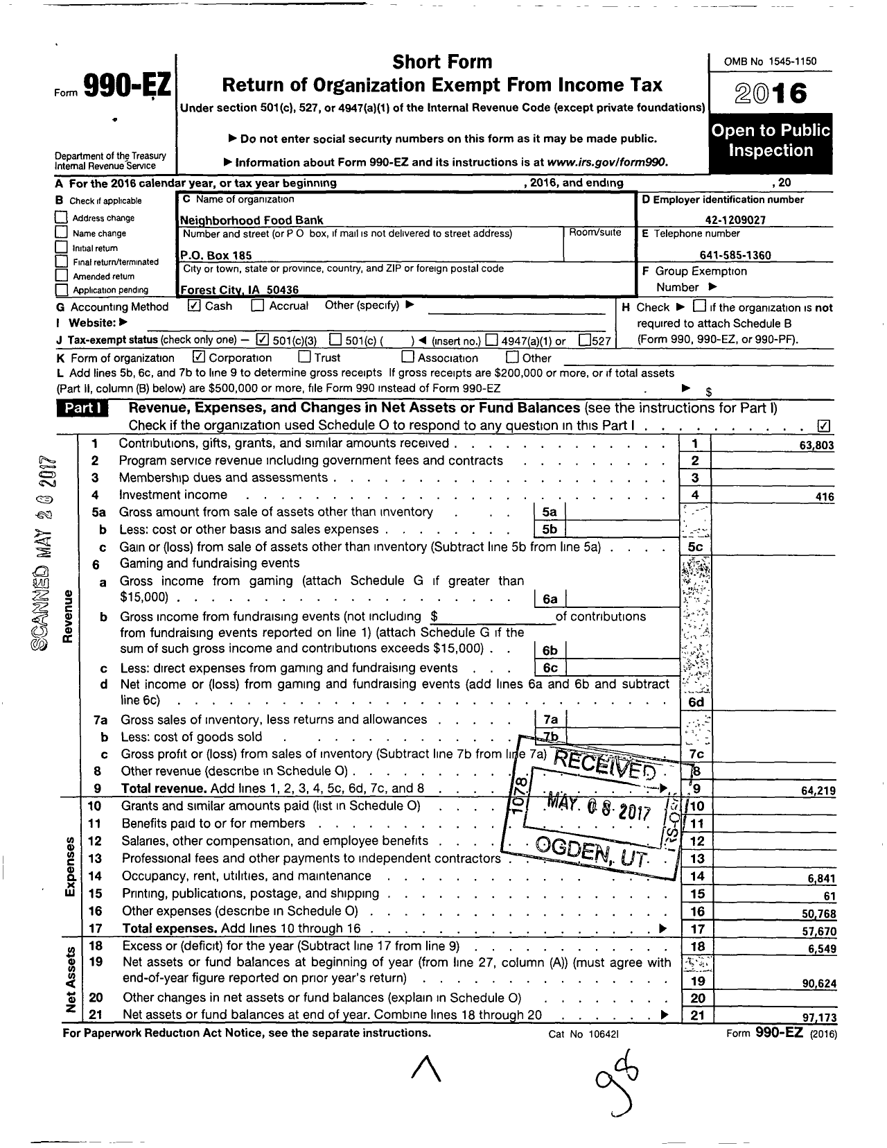 Image of first page of 2016 Form 990EZ for Neighborhood Food Bank