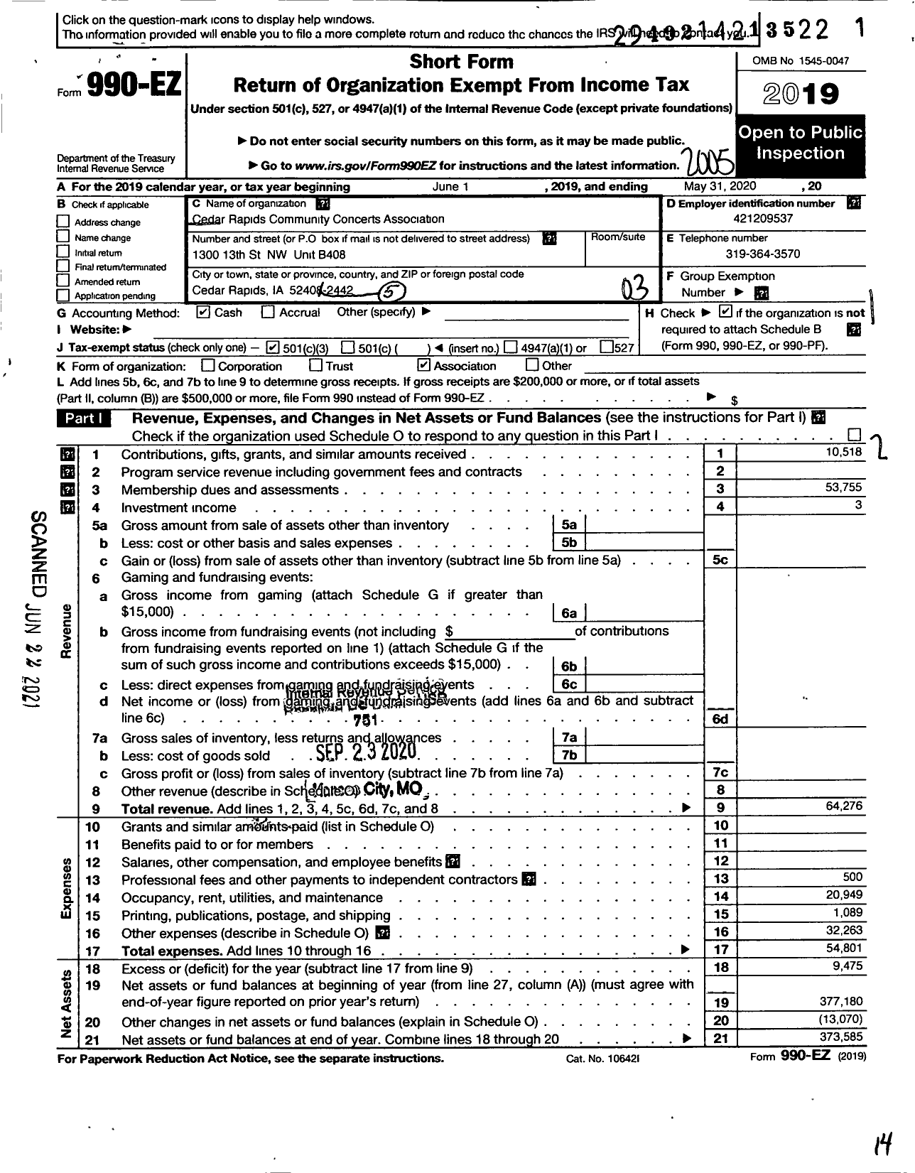 Image of first page of 2019 Form 990EZ for Cedar Rapids Community Concert Association