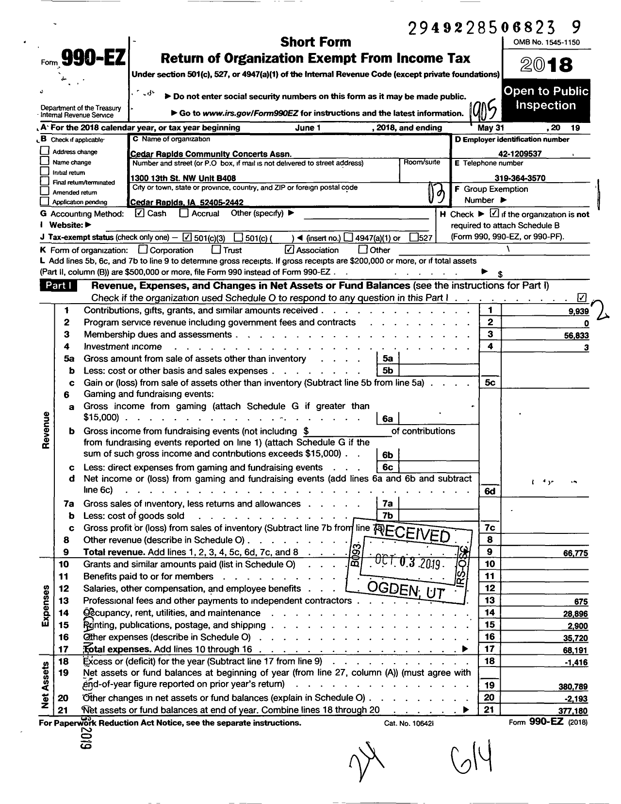 Image of first page of 2018 Form 990EZ for Cedar Rapids Community Concert Association