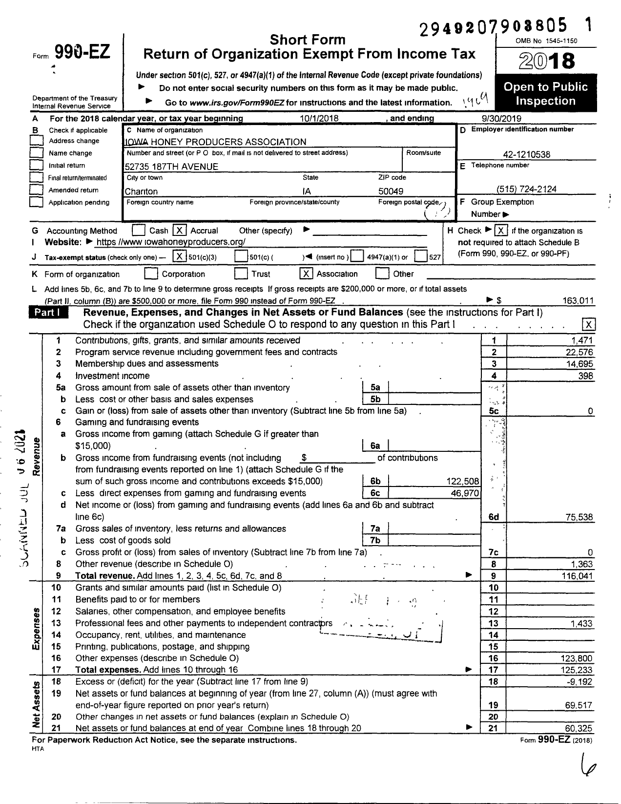 Image of first page of 2018 Form 990EZ for Iowa Honey Producers Association