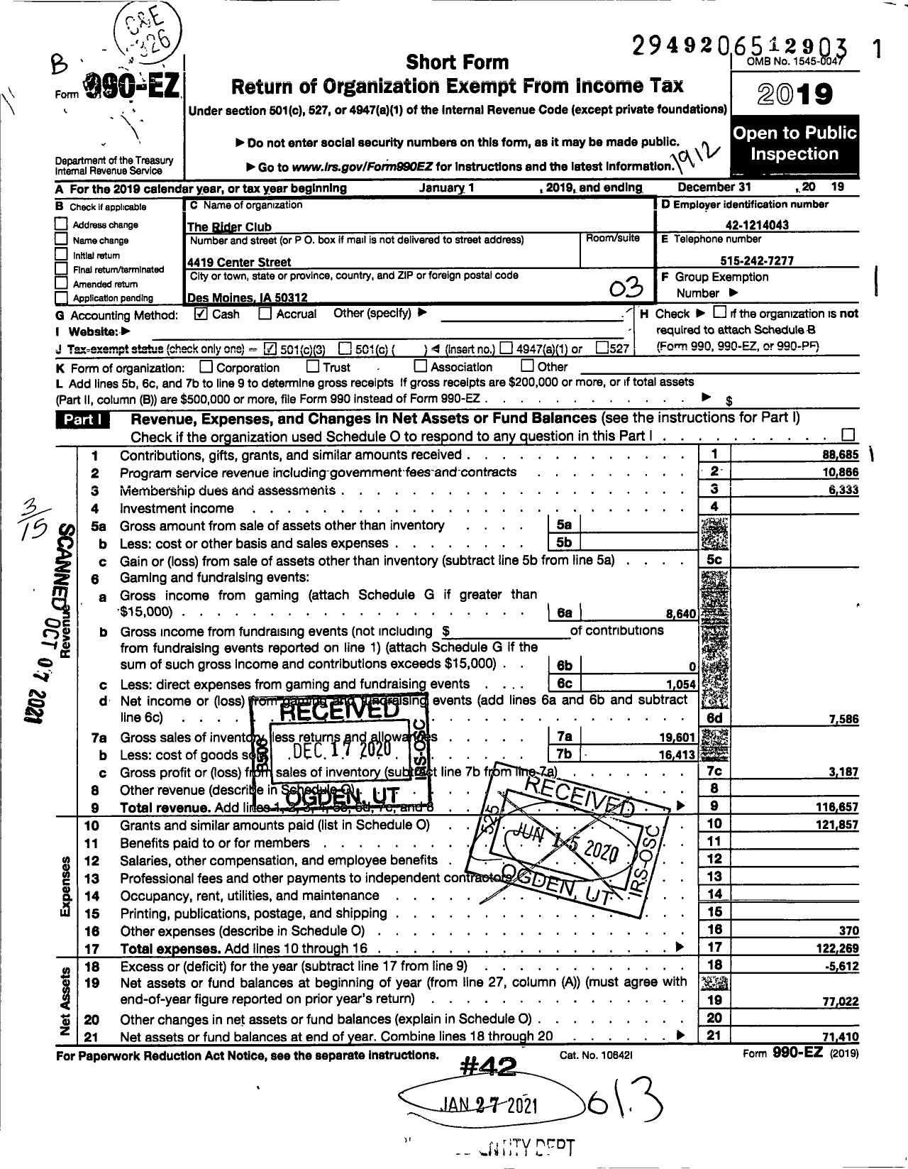 Image of first page of 2019 Form 990EZ for The Riders Club