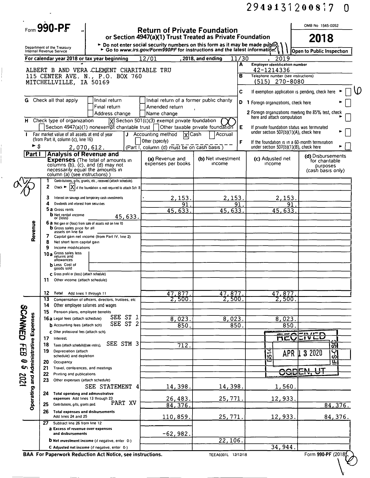 Image of first page of 2018 Form 990PF for Albert B and Vera Clement Charitable Trust