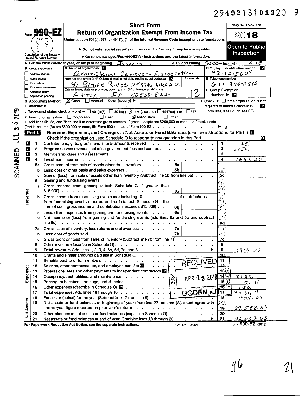 Image of first page of 2018 Form 990EO for Grove Chapel Cemetery Association