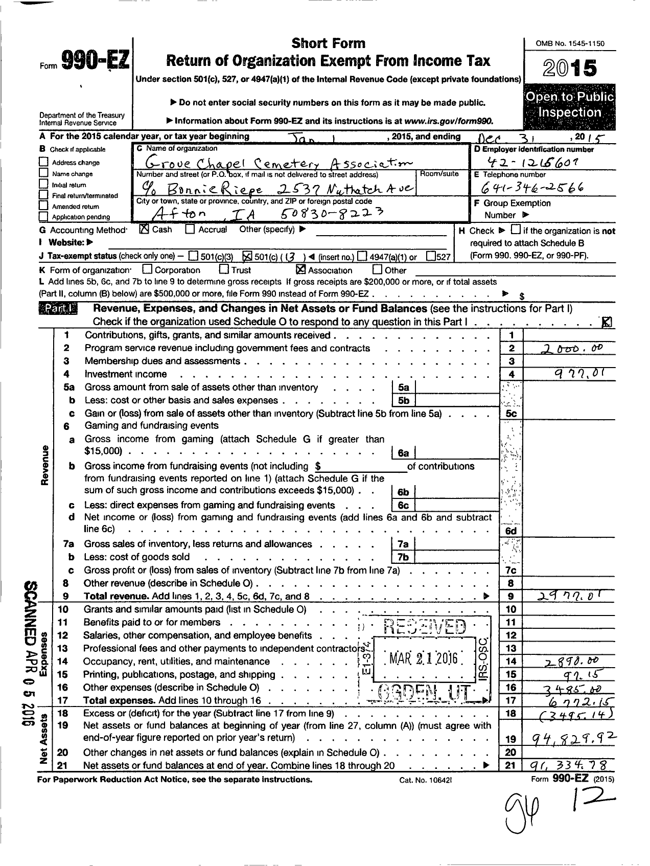 Image of first page of 2015 Form 990EO for Grove Chapel Cemetery Association