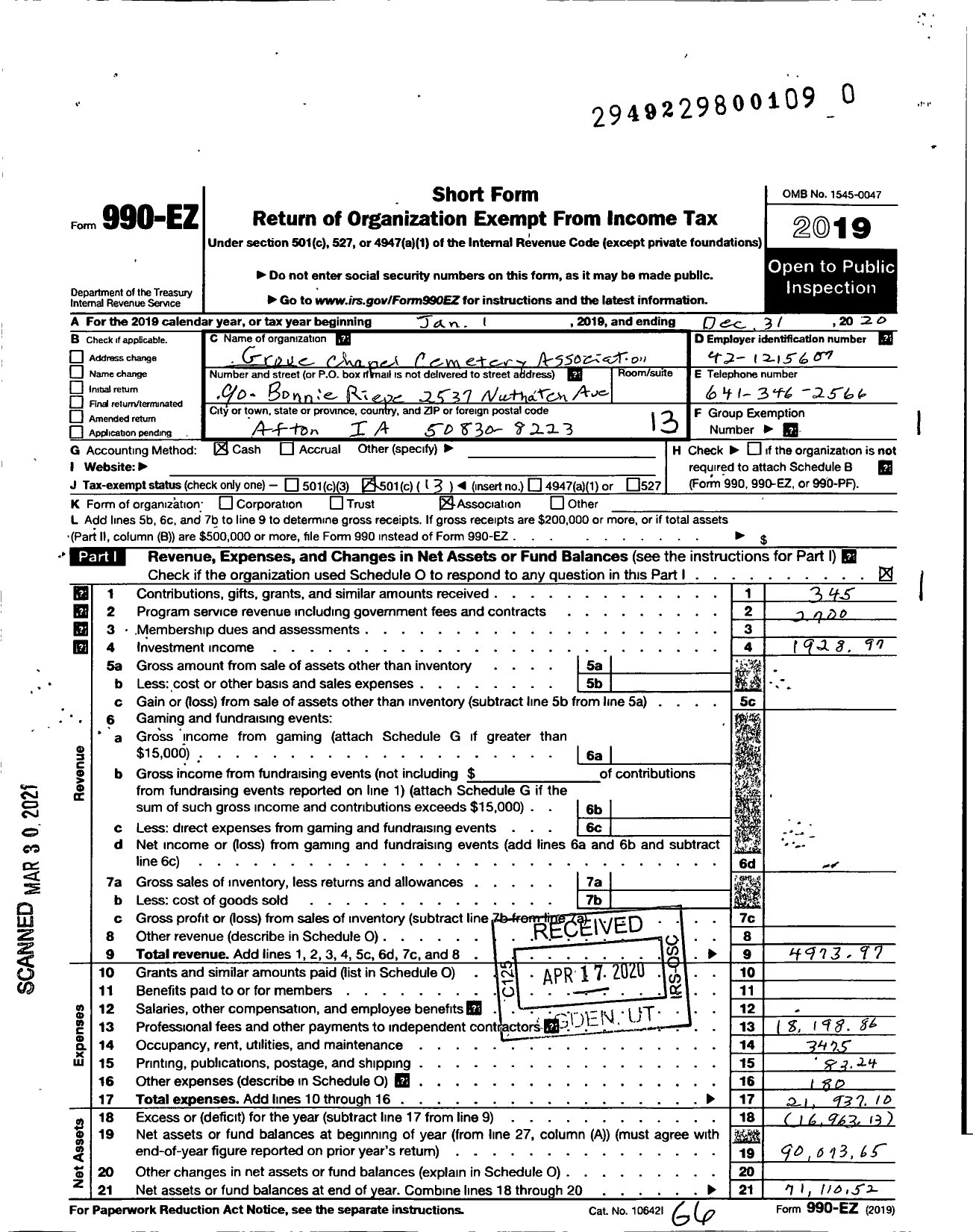 Image of first page of 2020 Form 990EO for Grove Chapel Cemetery Association