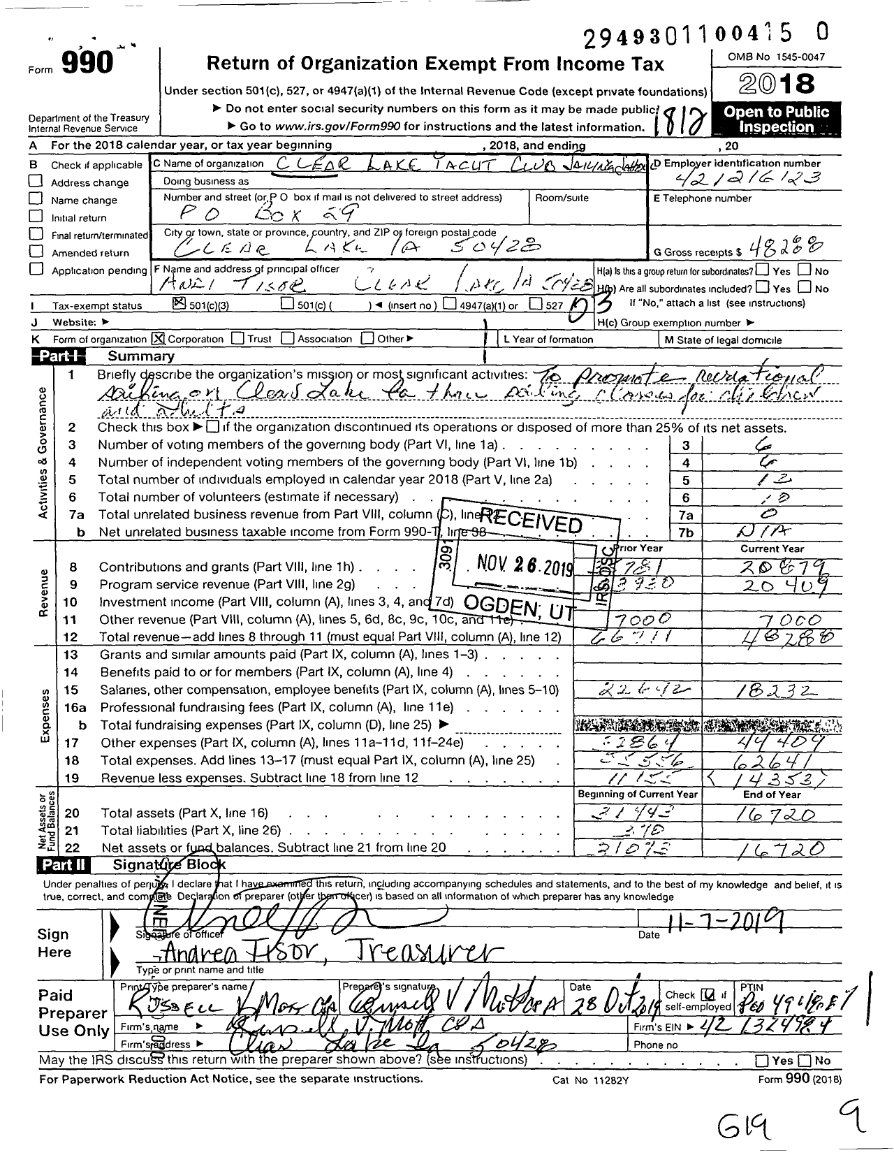 Image of first page of 2018 Form 990 for Clear Lake Yacht Club Sailing School
