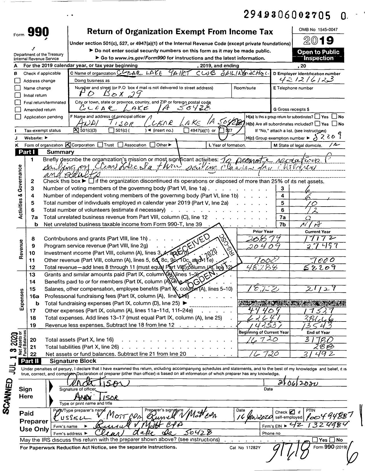 Image of first page of 2019 Form 990 for Clear Lake Yacht Club Sailing School