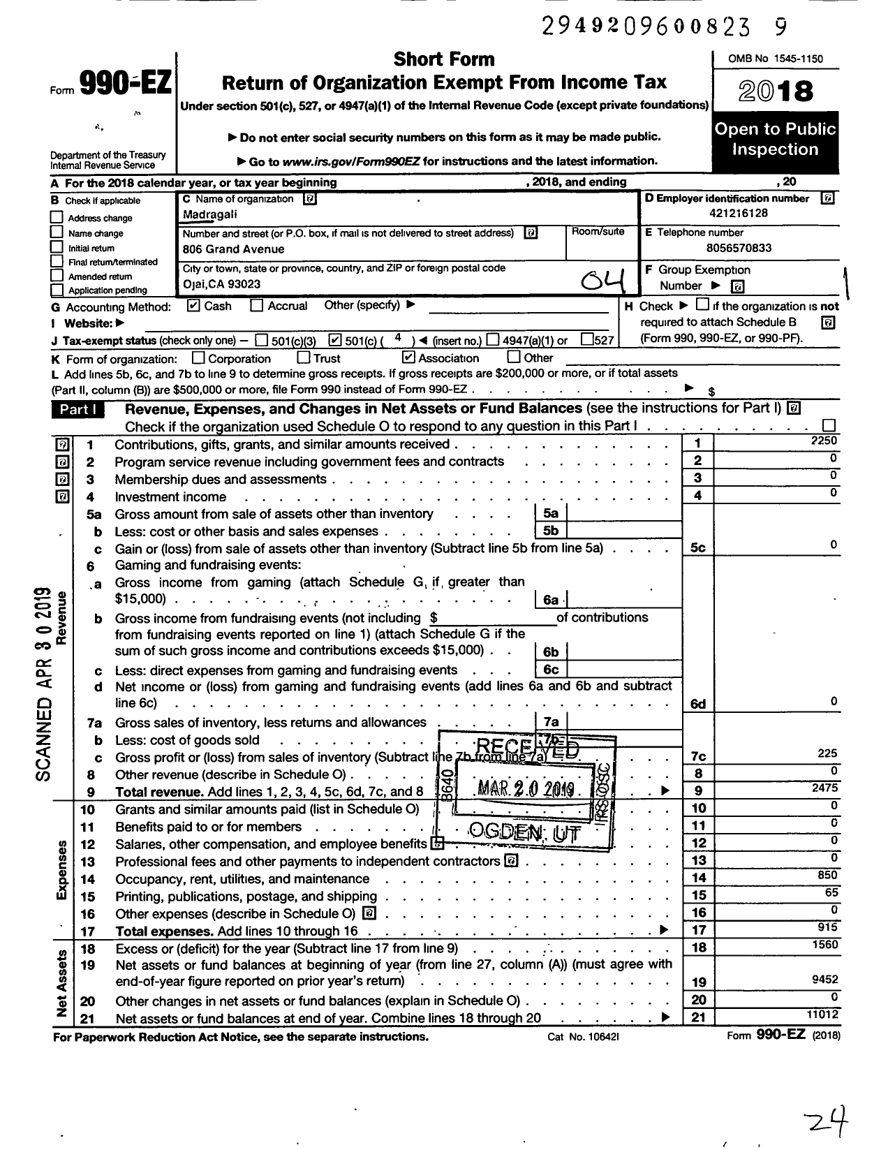 Image of first page of 2018 Form 990EO for Madrigali