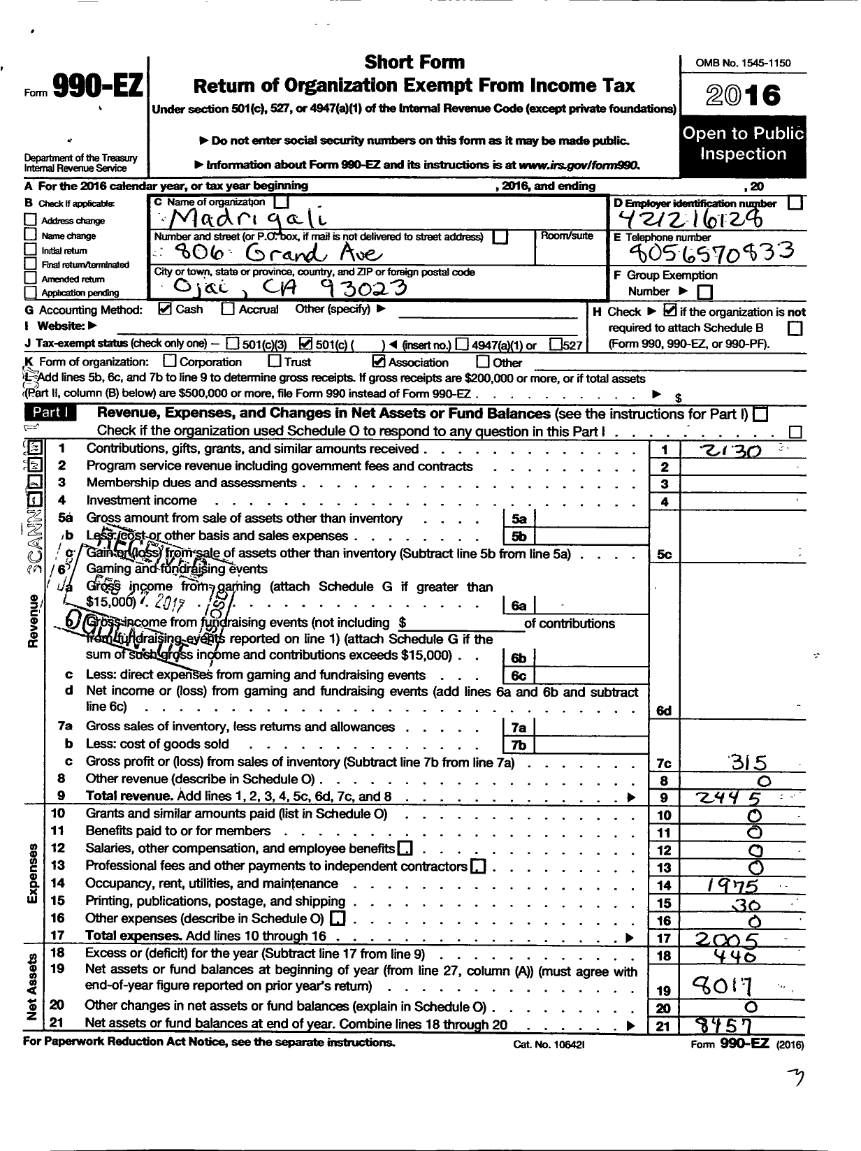 Image of first page of 2016 Form 990EO for Madrigali