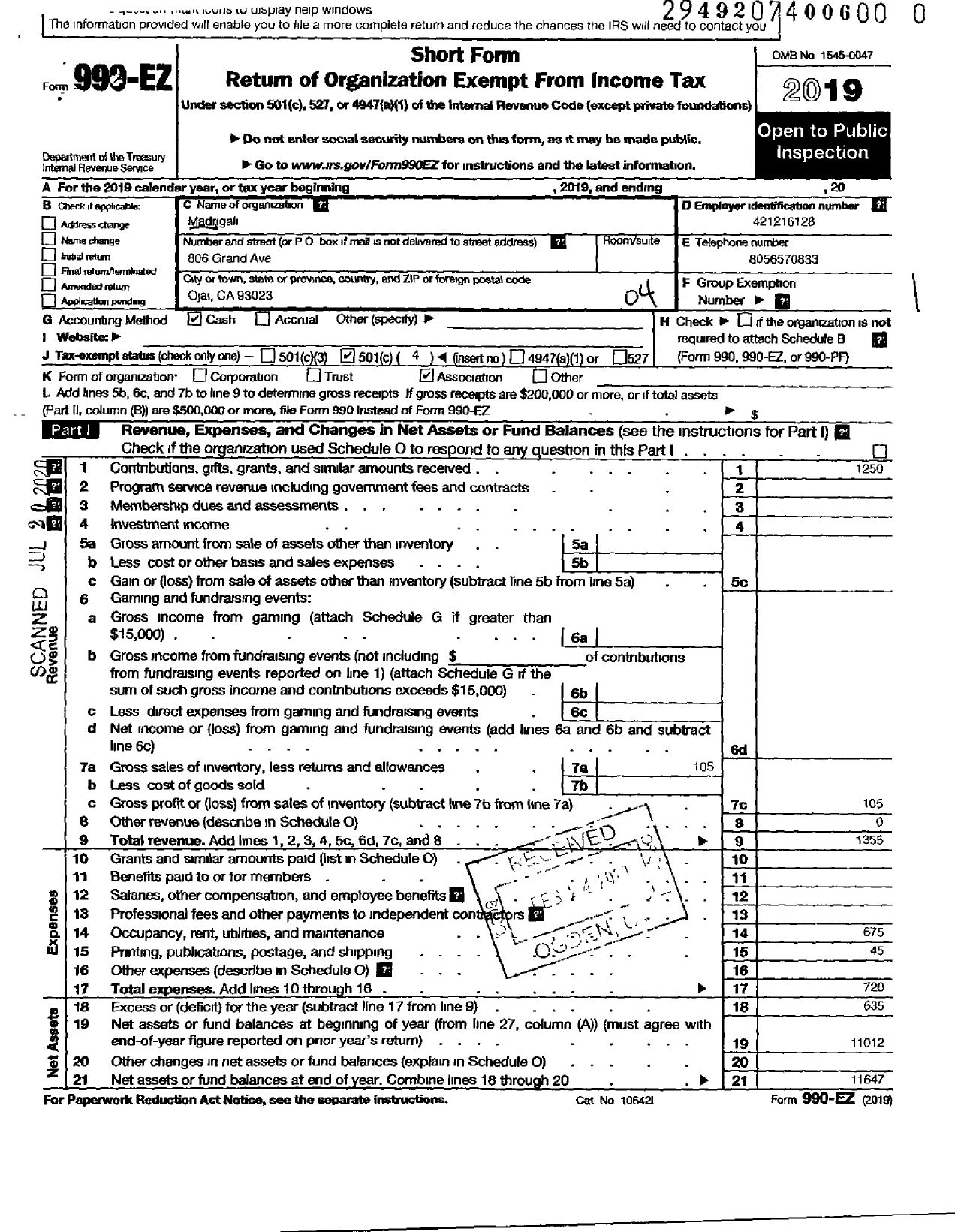 Image of first page of 2019 Form 990EO for Madrigali