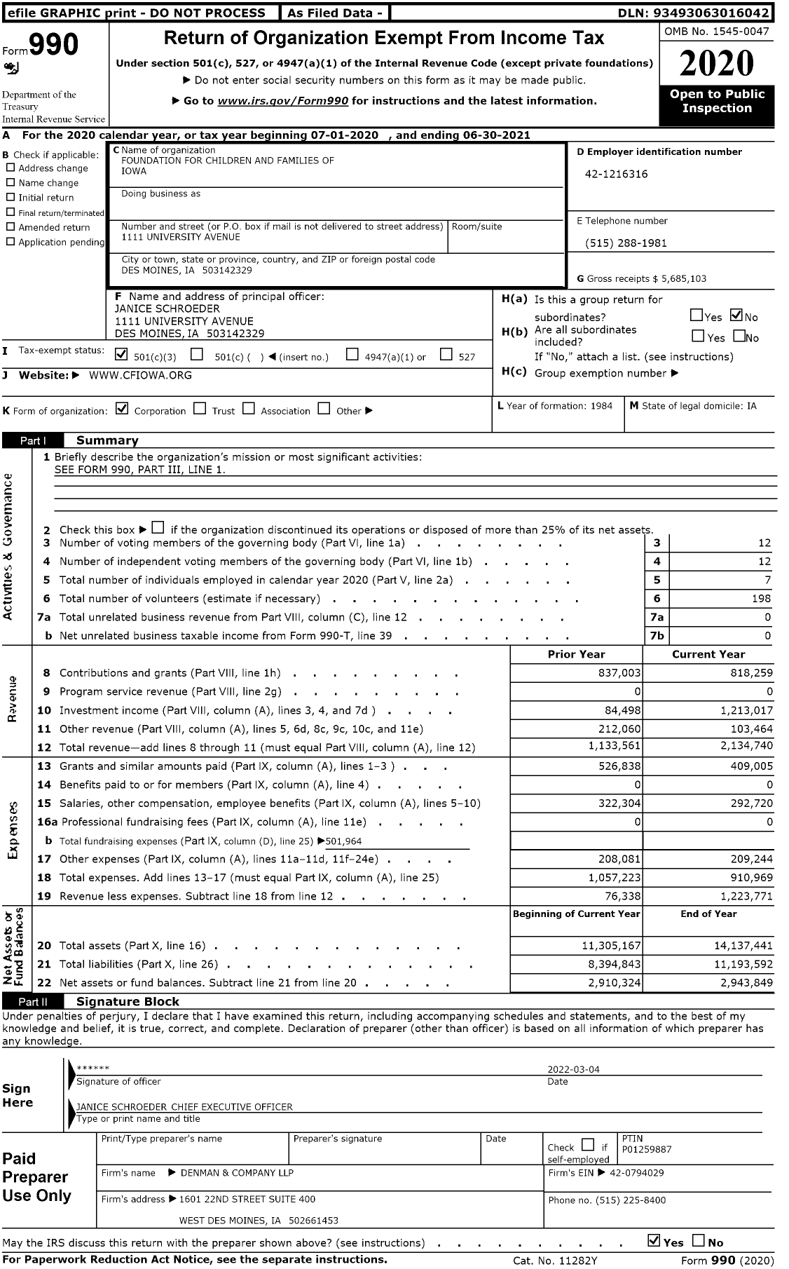 Image of first page of 2020 Form 990 for Foundation for Children and Families of Iowa