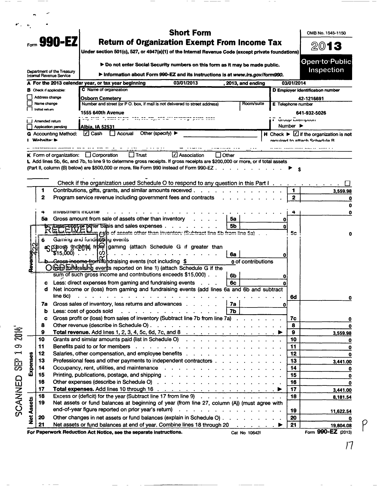 Image of first page of 2013 Form 990EO for Osborn Cemetery