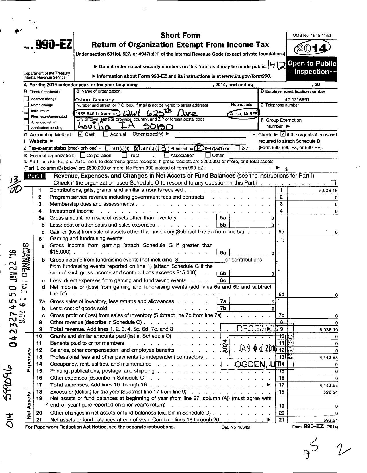 Image of first page of 2014 Form 990EO for Osborn Cemetery