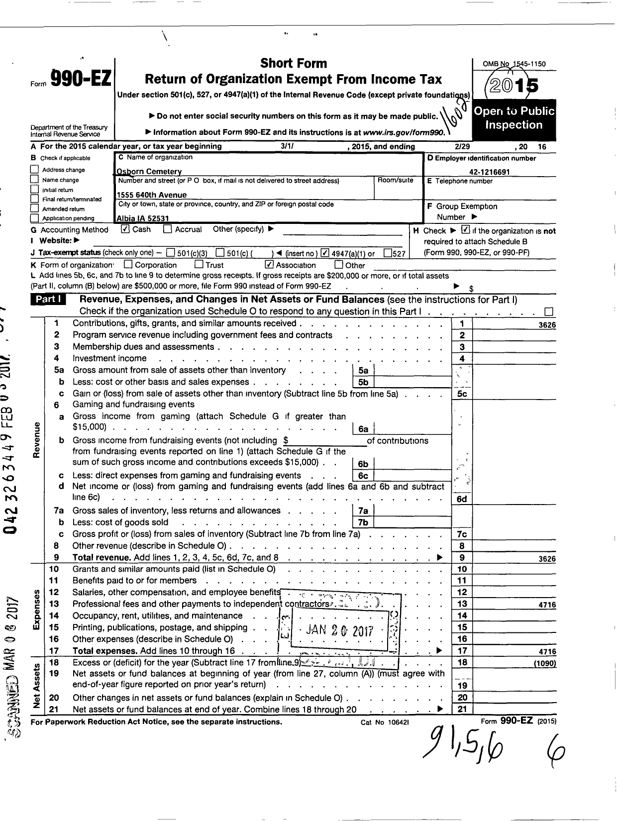 Image of first page of 2015 Form 990EO for Osborn Cemetery