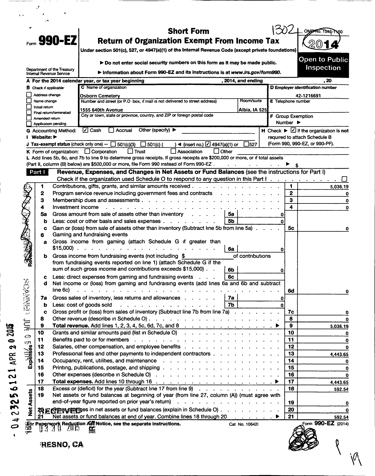 Image of first page of 2012 Form 990EO for Osborn Cemetery