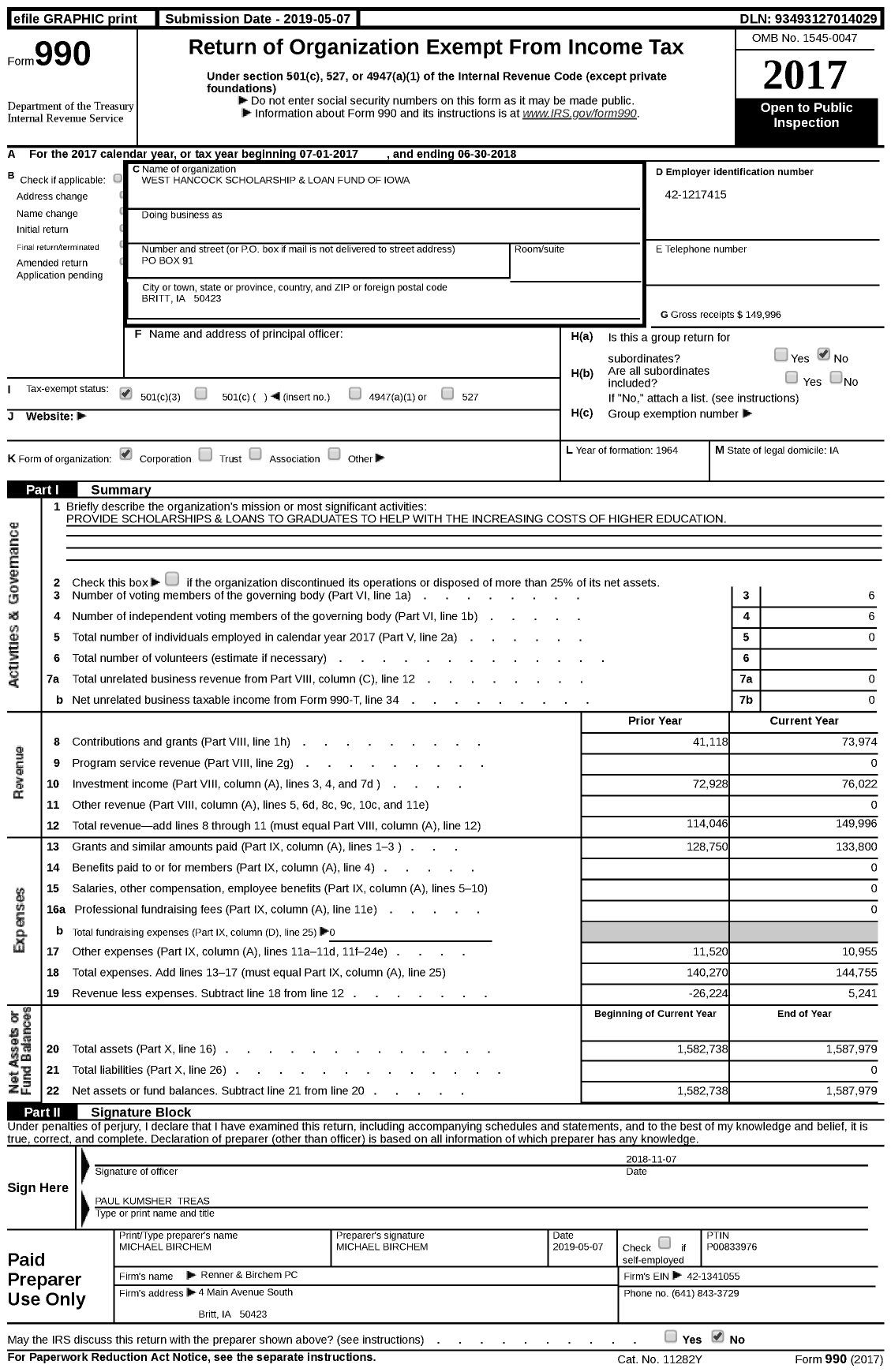 Image of first page of 2017 Form 990 for West Hancock Scholarship and Loan Fund of Iowa