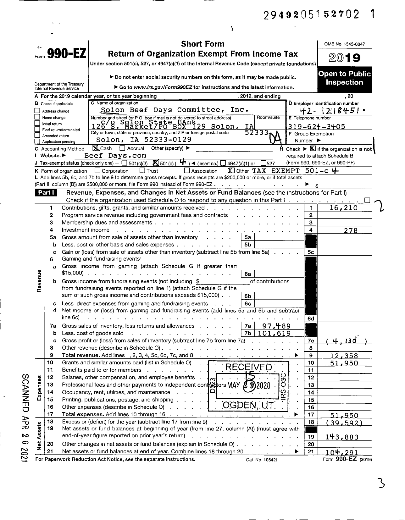 Image of first page of 2019 Form 990EO for Solon Beef Days Committee