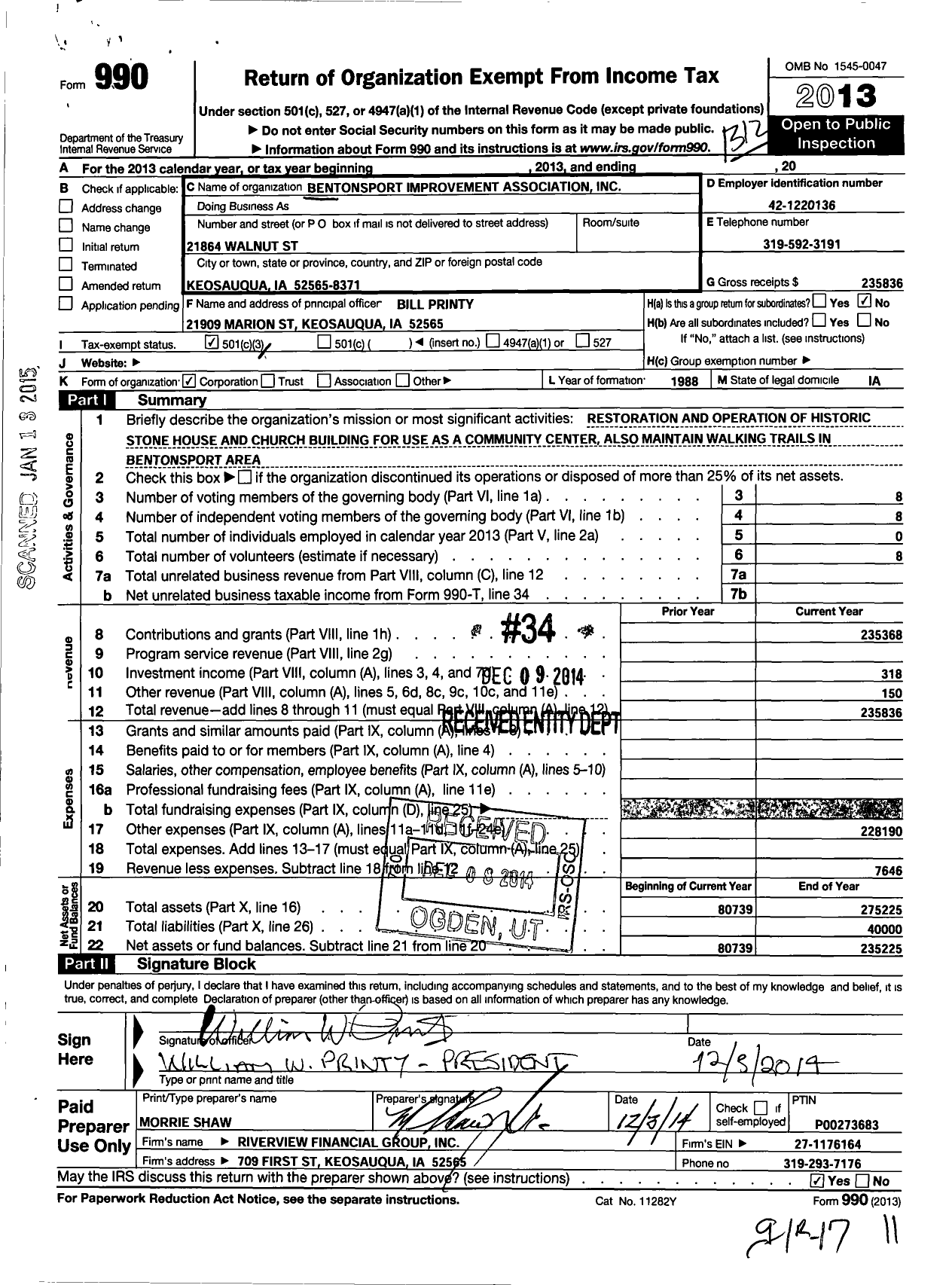 Image of first page of 2013 Form 990 for Bentonsport Improvement Association