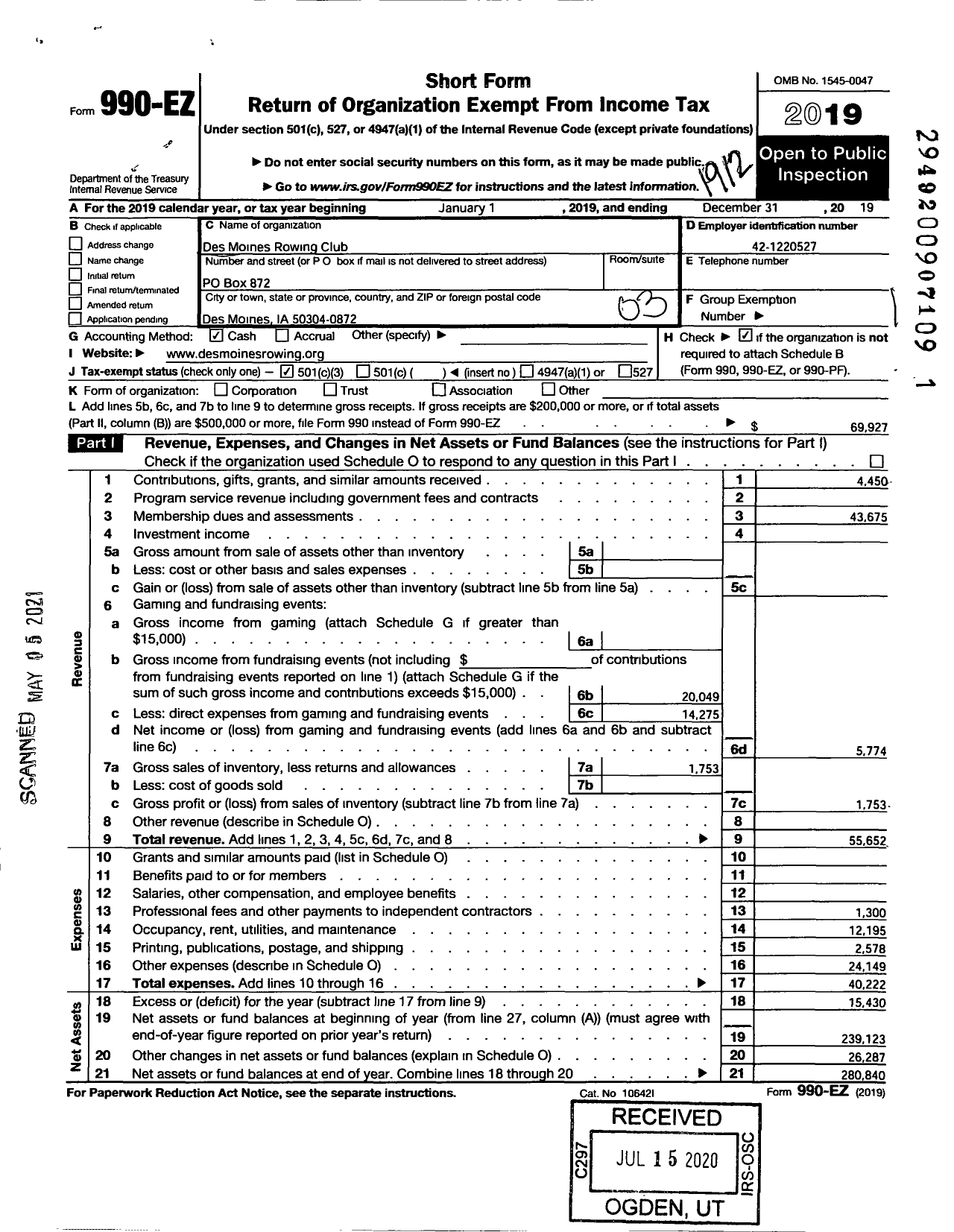 Image of first page of 2019 Form 990EZ for Des Moines Rowing Club