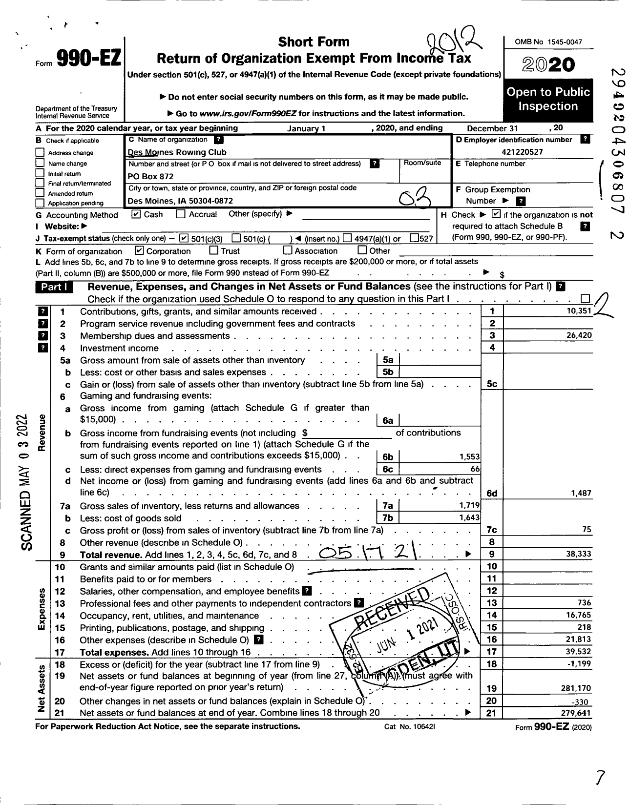 Image of first page of 2020 Form 990EZ for Des Moines Rowing Club