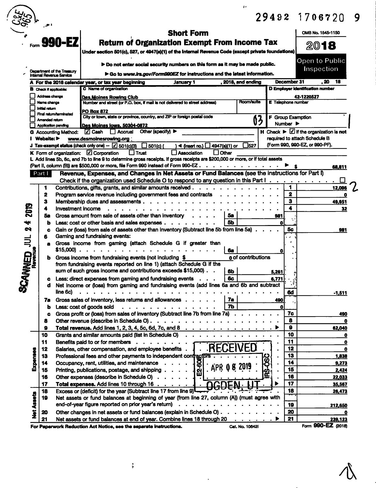 Image of first page of 2018 Form 990EZ for Des Moines Rowing Club